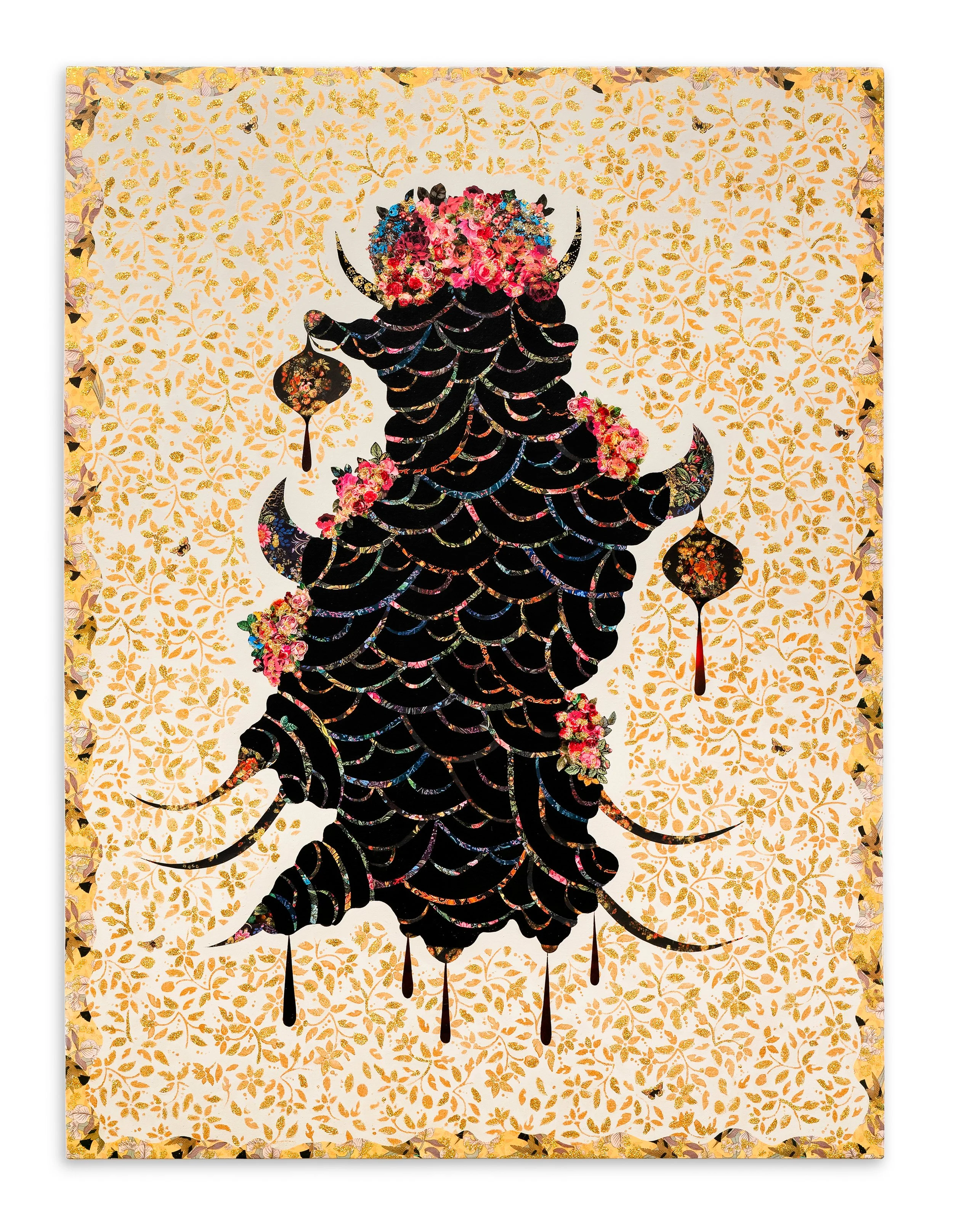   Vickie Pierre   I Feel Your Electric Glow , 2021 Acrylic, glitter, paper, and fabric collage on canvas 48 x 36 inches 