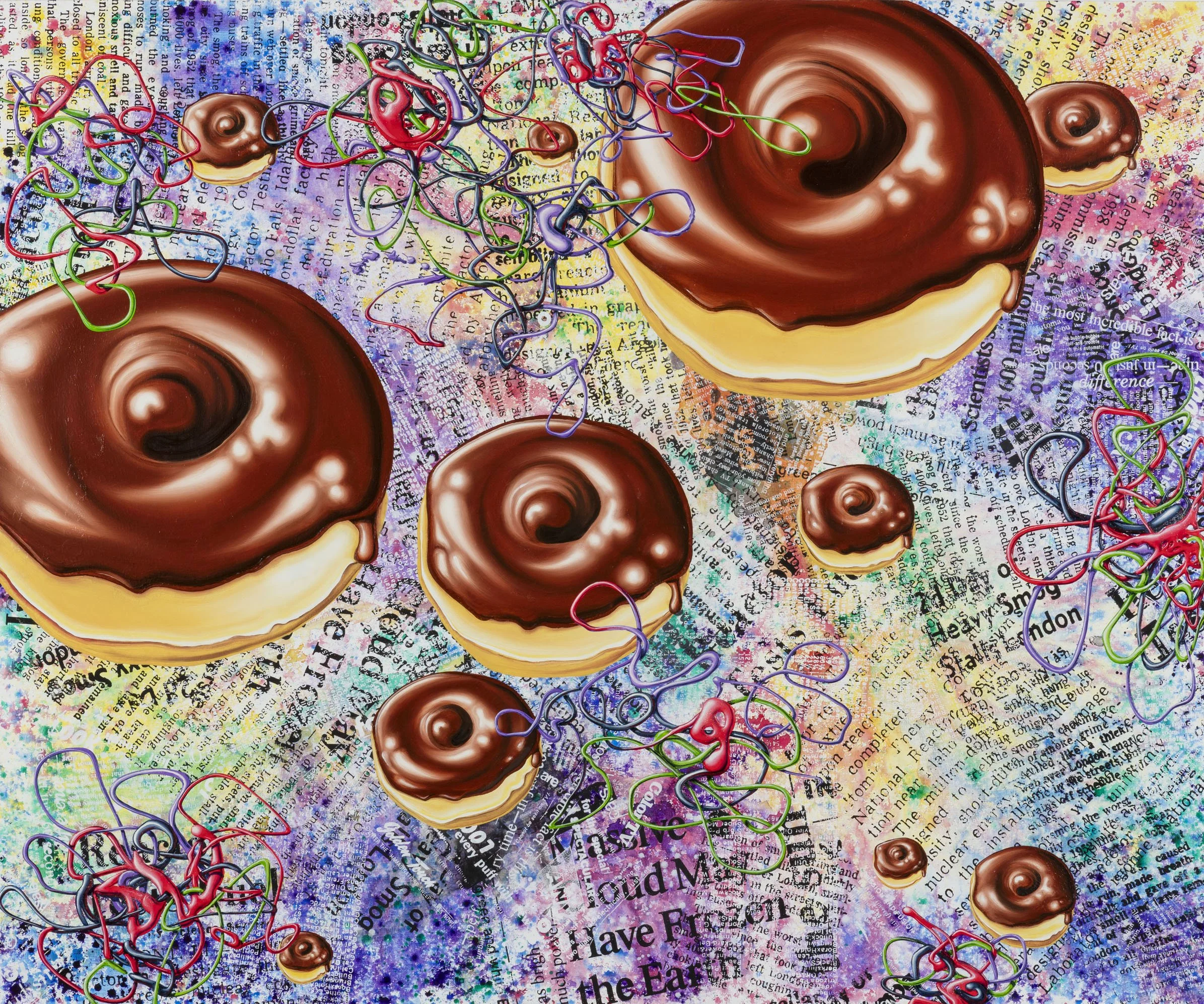   Kenny Scharf   DONUTZ INFINITE , 2015 Oil, Acrylic, Silkscreen ink &amp; Diamond dust on linen with artist powder coated aluminum frame 60 5/8 x 72 5/8 Inches 