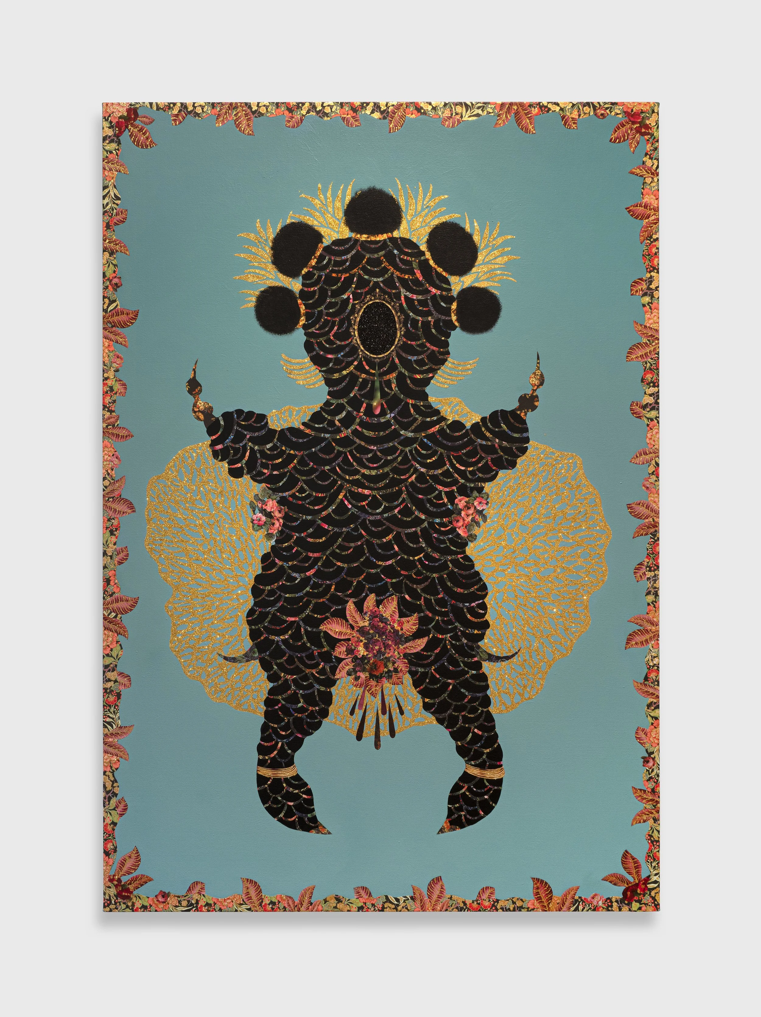   Vickie Pierre   You Be the Moon and I'll Be the Earth (Gaia) , 2022 Acrylic, metallic paint, decorative paper collage, and glitter on canvas, mounted on panel 66 x 45 in 167.6 x 114.3 cm 
