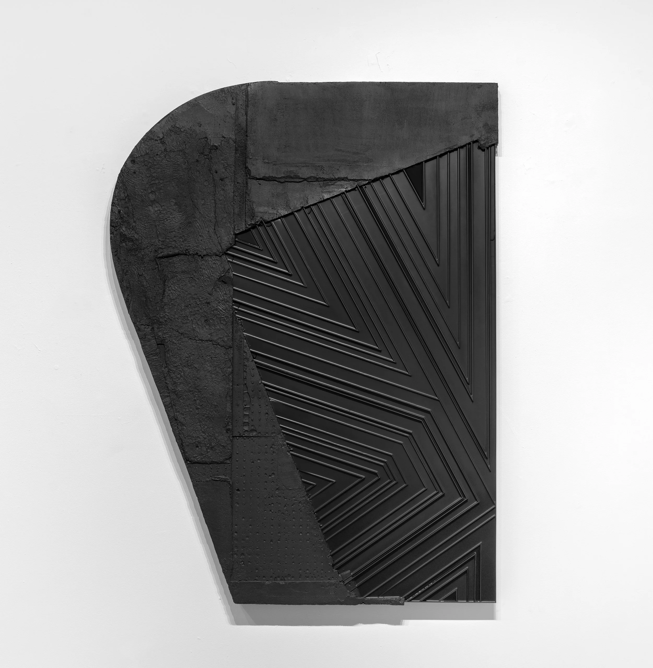   Troy Simmons   CHASM , 2023 Reinforced Concrete, Salvaged Roofing Tar on Felt, Wood, House paint, Acrylic Mix, and Powder Coated Aluminum 73 x 55 x 3 1/2 in 185.4 x 139.7 x 8.9 cm 