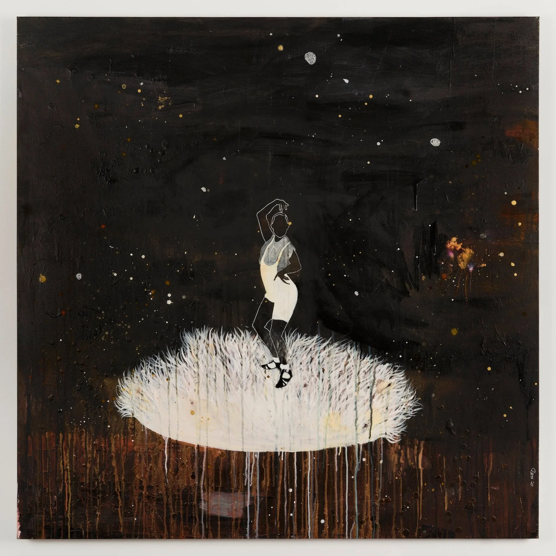   Marielle Plaisir   J. Baker  from In the Malediction of Cham series, 2020 Acrylic, inks, hand-made embroideries on canvas  48 x 48 inches 