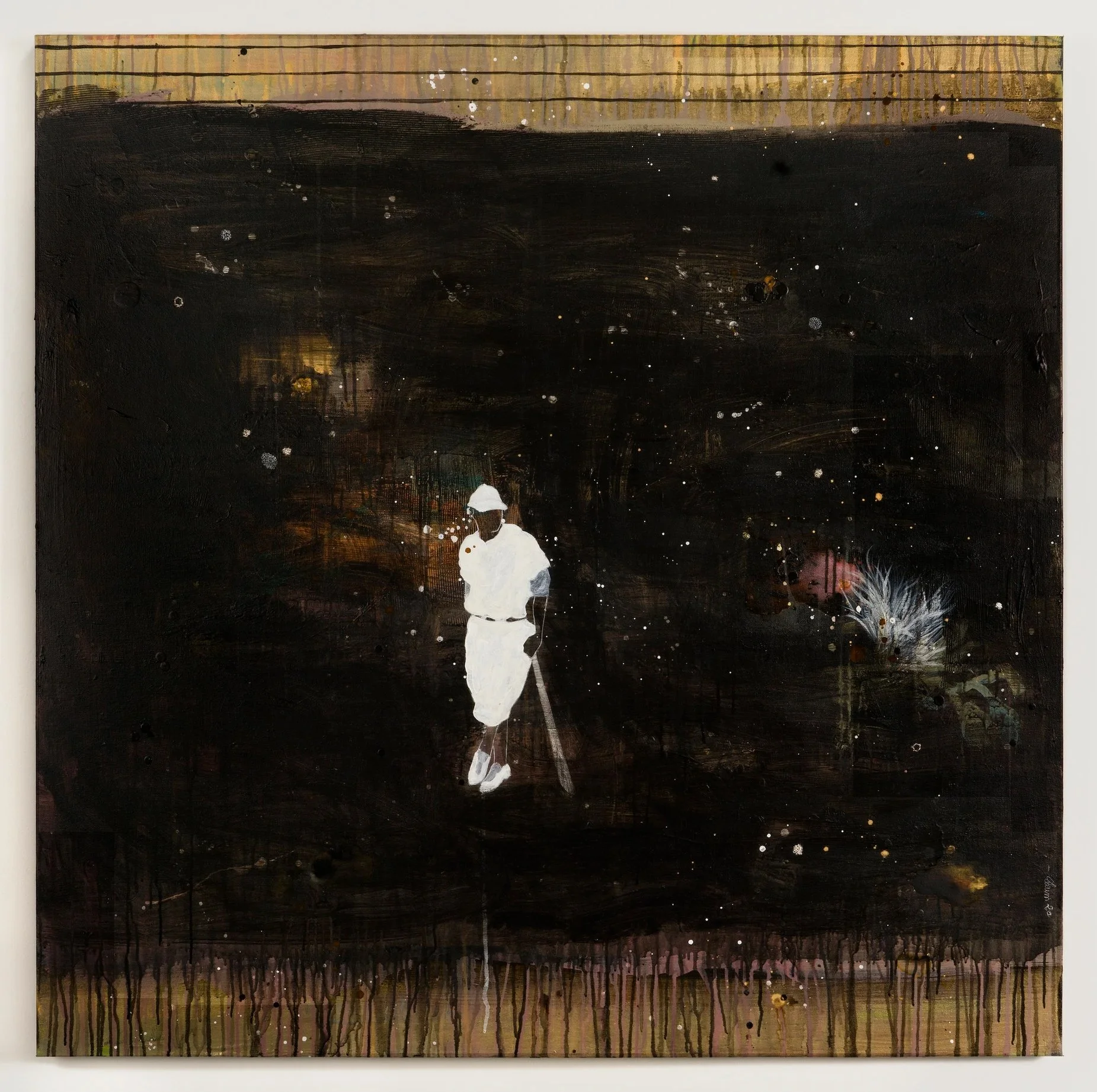   Marielle Plaisir   J. Robinson  from In The Malediction of Cham series, 2020 Acrylic, inks, hand-made embroideries on canvas  48 x 48 inches 