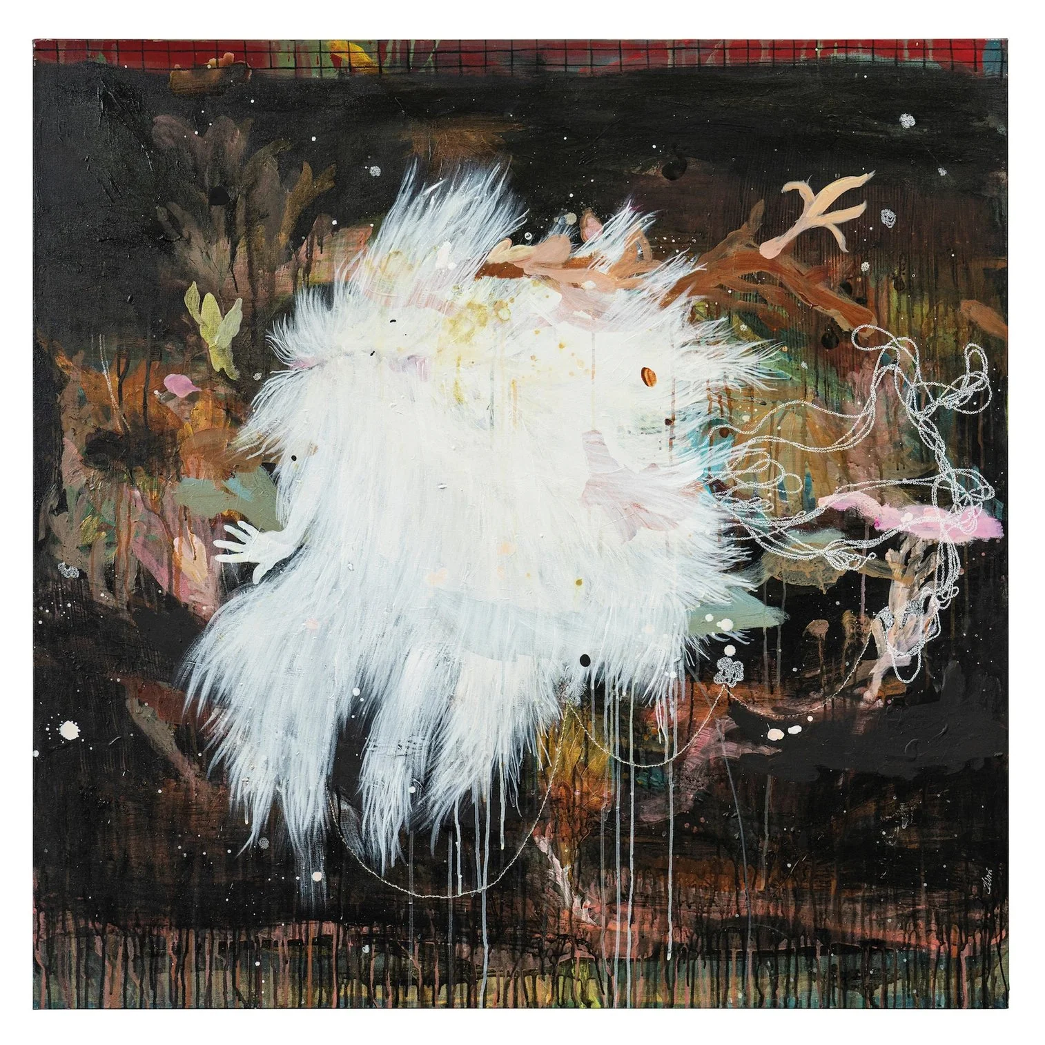   Marielle Plaisir   Strange Fruits VI , 2022 Mixed media and hand-made embroideries on canvas  48 x 48 inches 