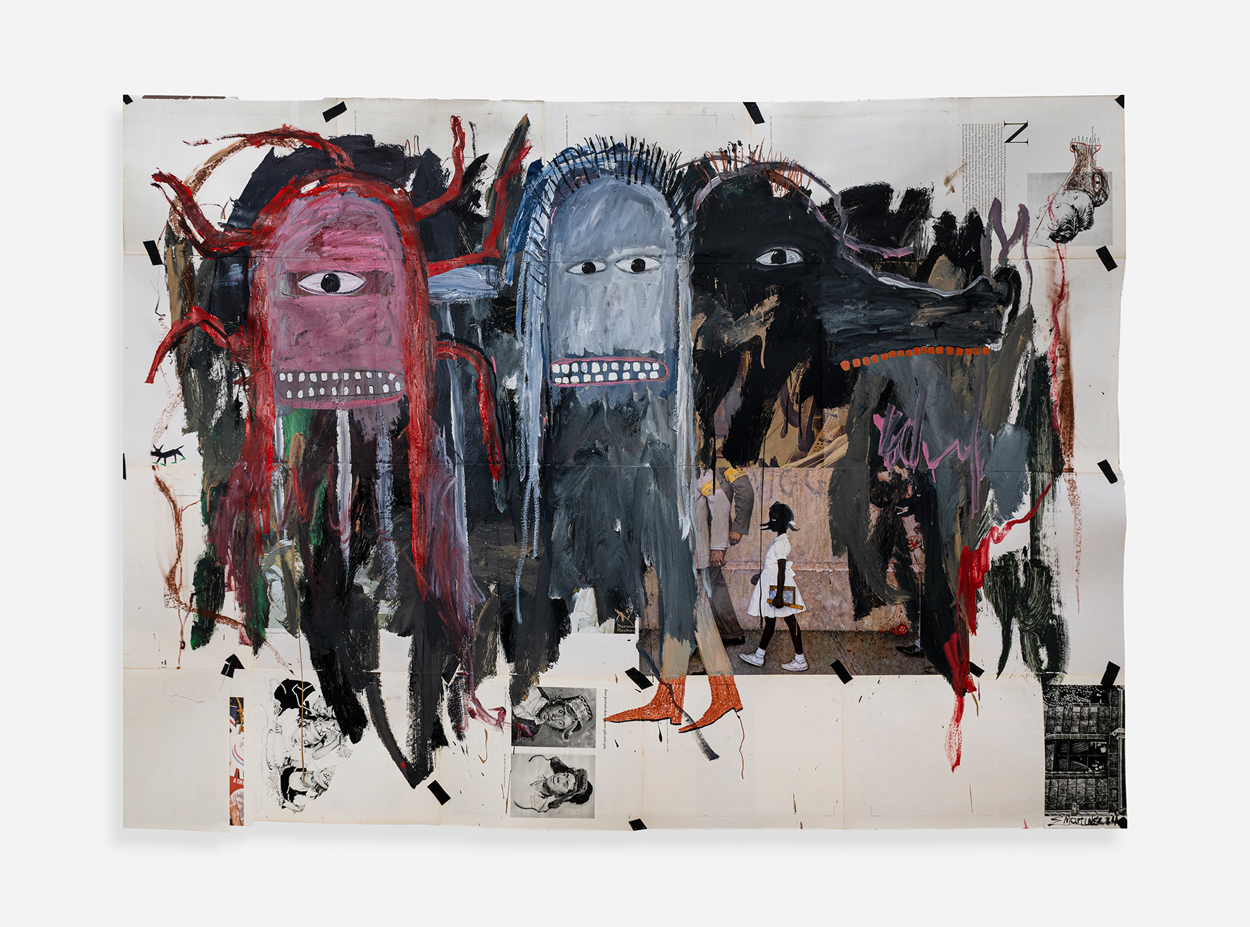  Emilio Martinez  The New World , 2024 Acrylic, Charcoal, Graphite, Sanguine, Acid free tape on Rockwell History Book Page 56 x 78 1/2 inches 
