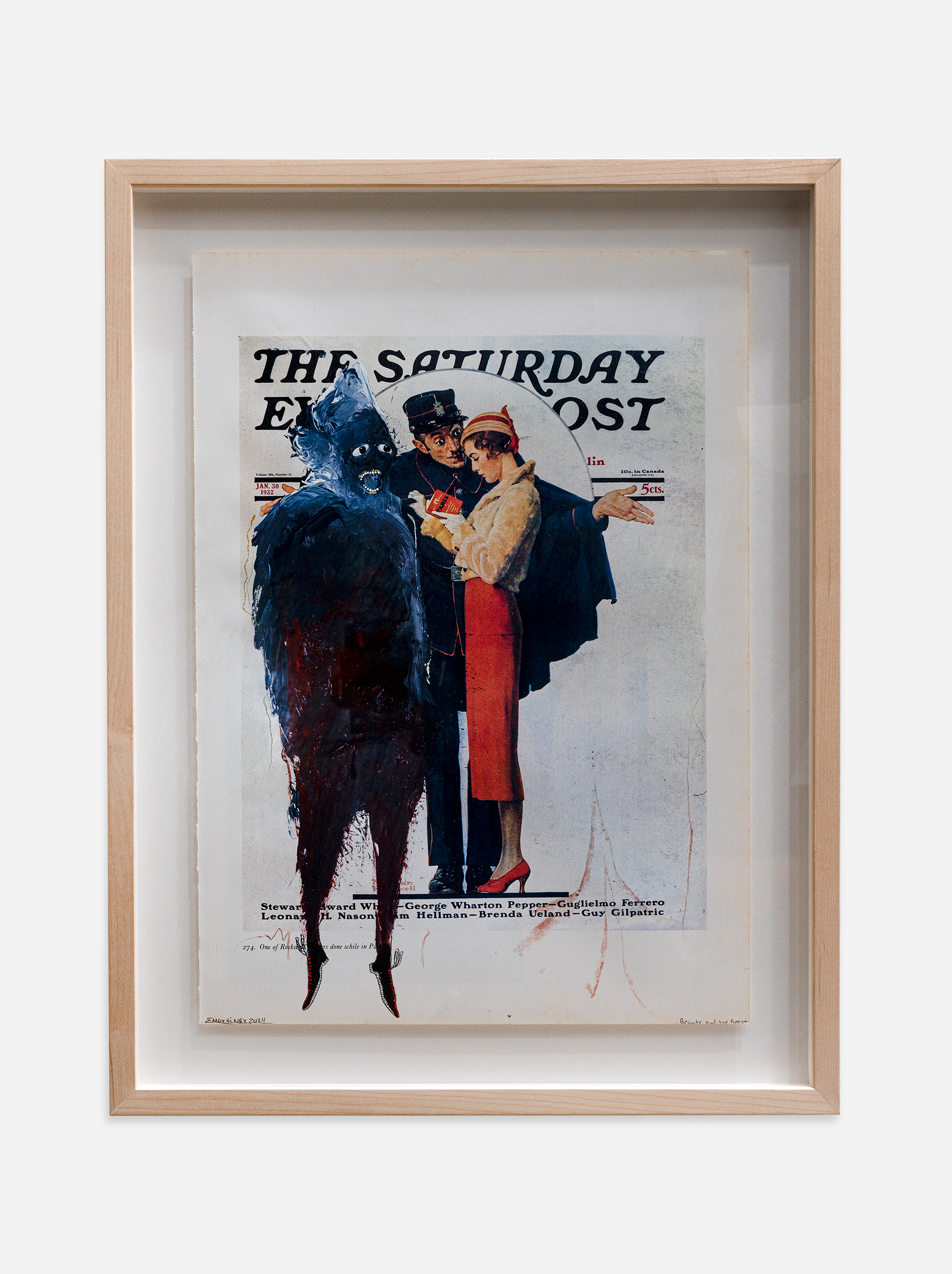  Emilio Martinez  The Beauty and The Beast , 2024 Acrylic, Charcoal, Graphite, Sanguine on Rockwell History Book Page 17 x 12 1/4 inches 