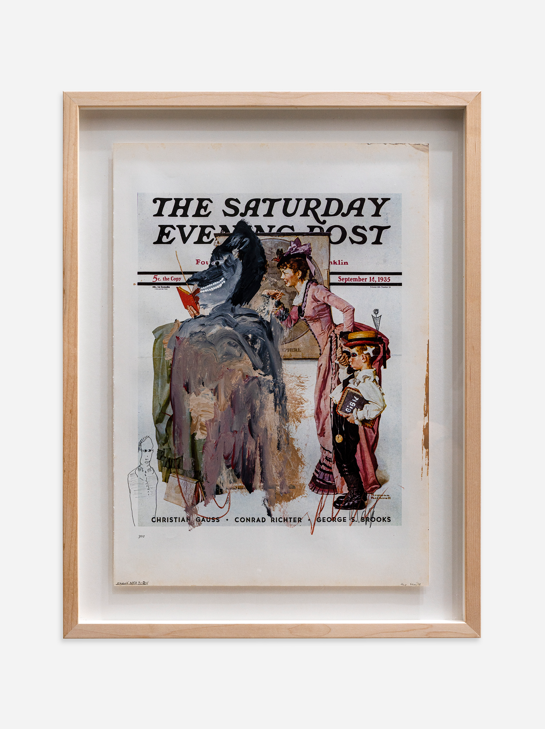  Emilio Martinez  The Artist , 2024 Acrylic, Charcoal, Graphite, Sanguine on Rockwell History Book Page 17 x 12 1/4 inches 