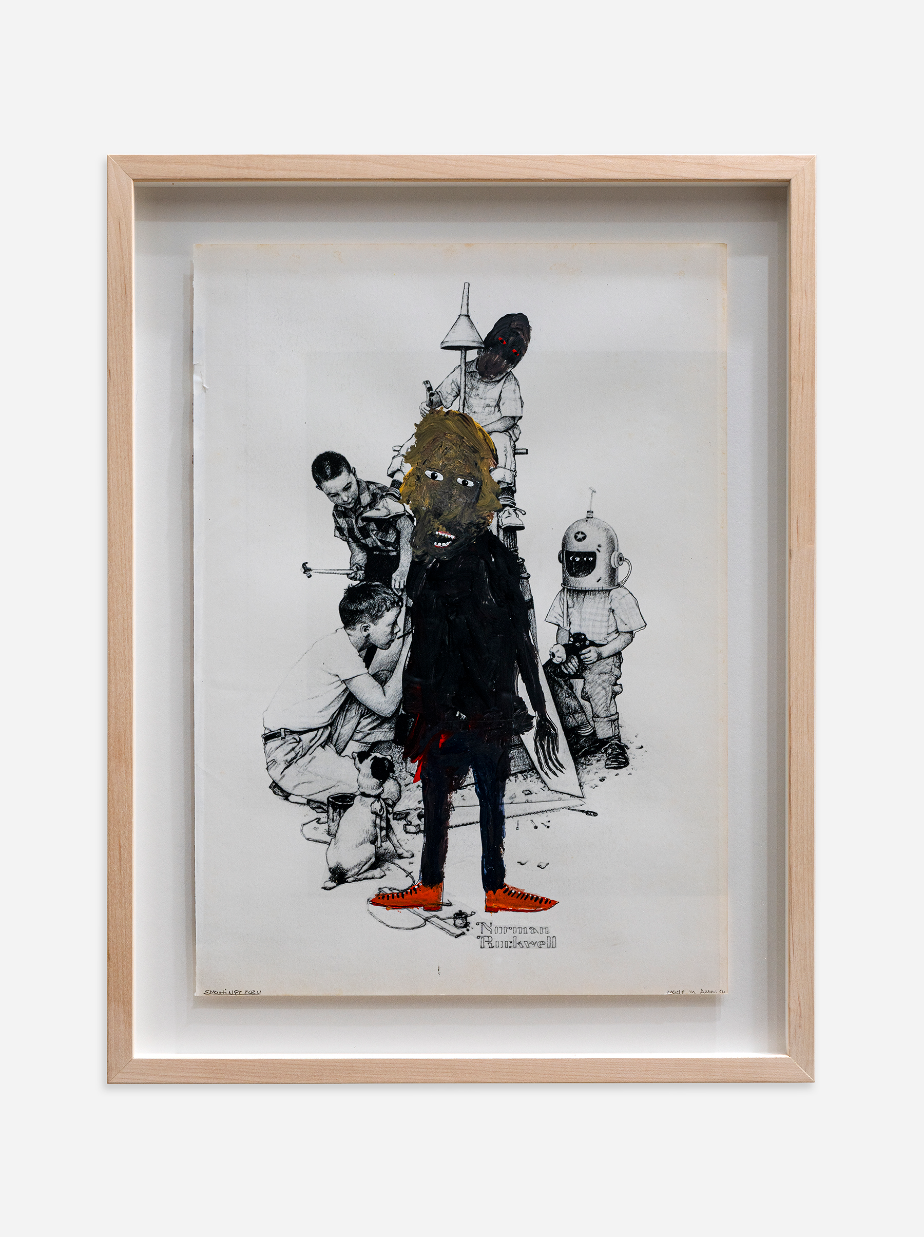  Emilio Martinez  Made in America , 2024 Acrylic, Charcoal, Graphite, Sanguine on Rockwell History Book Page 17 x 12 1/4 inches 