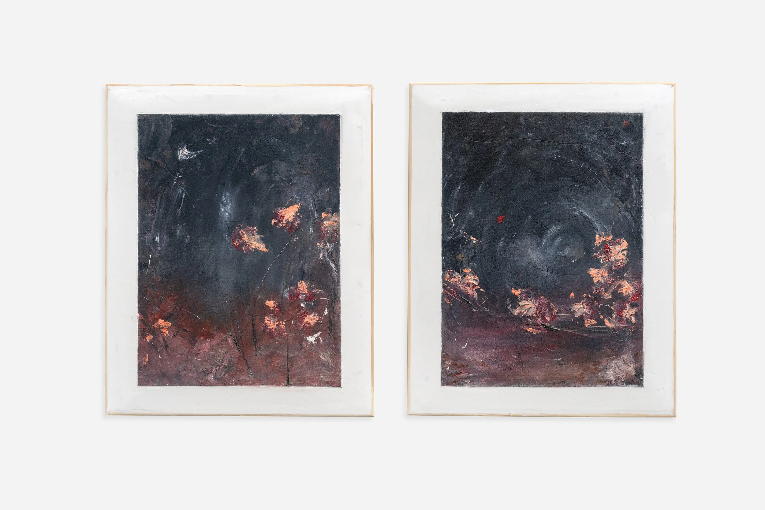  Ema Ri  Untitled (Diptych) , 2022 Oil, graphite, mud plaster, and drywall mounted on wood stretcher bars 15 x 12 in 38.1 x 30.5 cm 