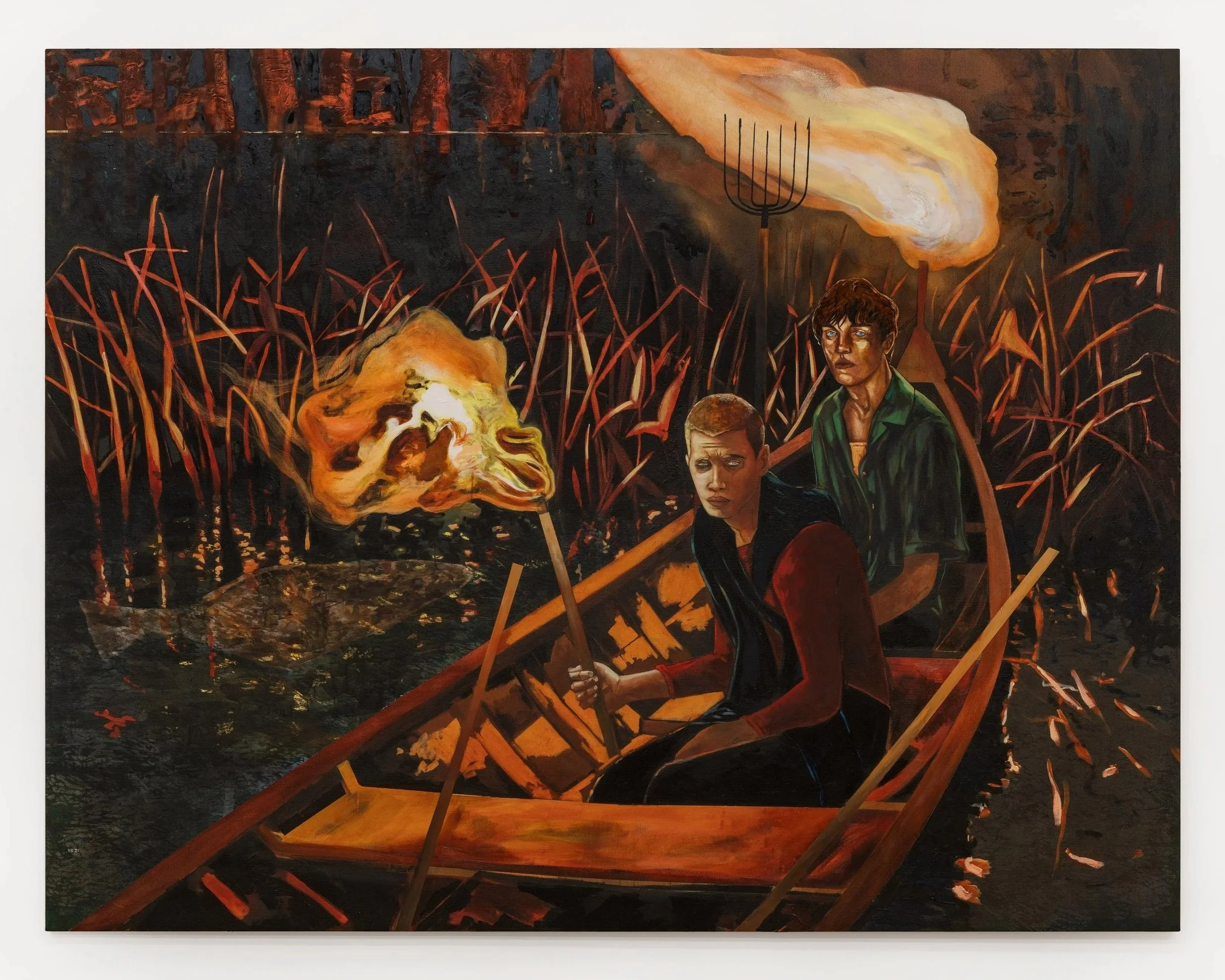  Hernan Bas   Torch fishing for Flounder , 2021 Acrylic on linen 84 x 108 inches 
