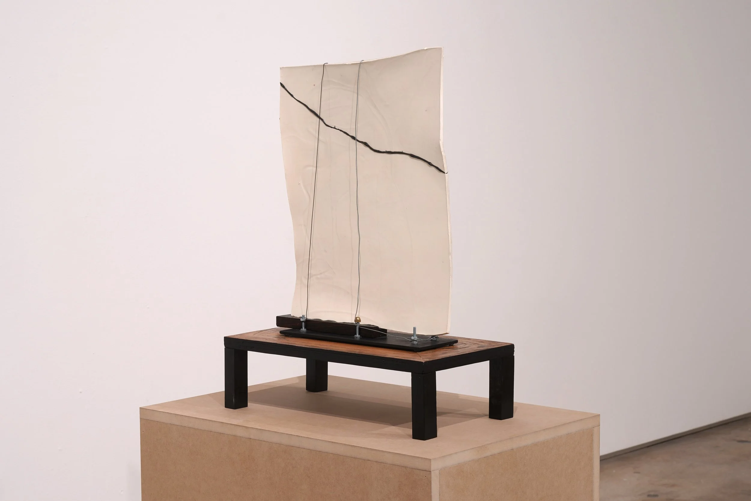   María Elena González   Bolted Sail , 2024 Glazed ceramic, epoxy, wood, metal wire, steel, latex paint 23 1/2 x 17 x 9 1/8 in 