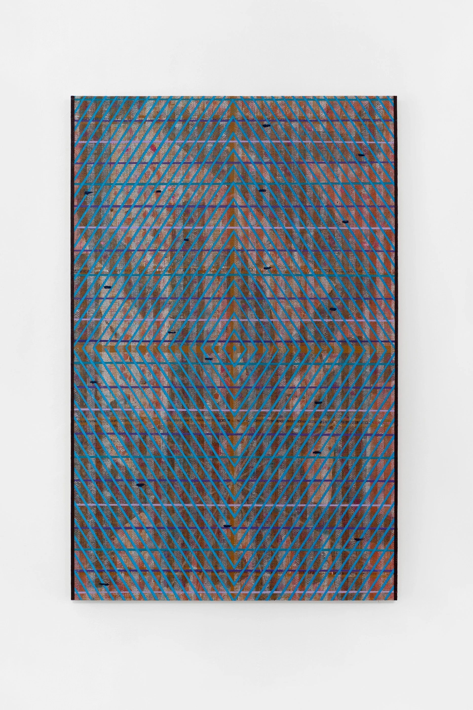   Kelley Johnson   Distant Hum , 2025 Acrylic, flashe, glitter, burlap on panel 70 x 45 in 177.8 x 114.3 cm 