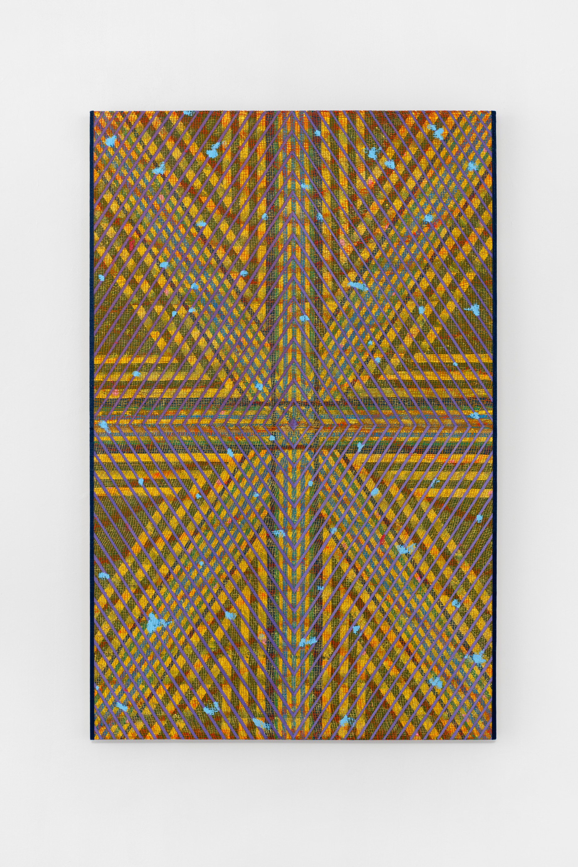   Kelley Johnson   Floating/Humming , 2025 Acrylic, Flashe, glitter, Burlap on panel 70 x 45 in 177.8 x 114.3 cm 