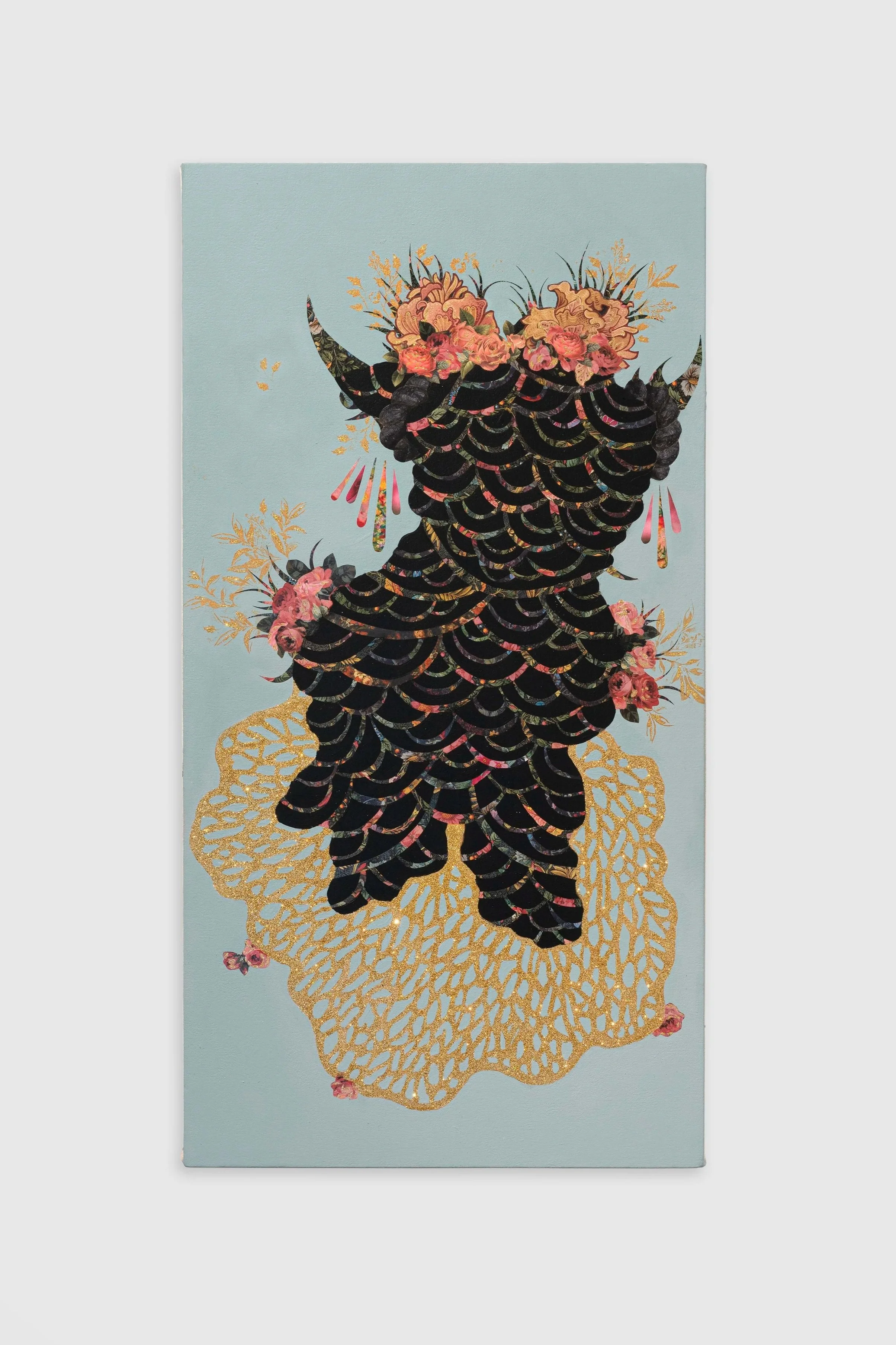   Vickie Pierre   Blooming Bouquets of Fluttery and Flora , 2022 Acrylic, metallic paint, decorative paper collage, and glitter on canvas, mounted on panel 36 x 19 in 91.4 x 48.3 cm 