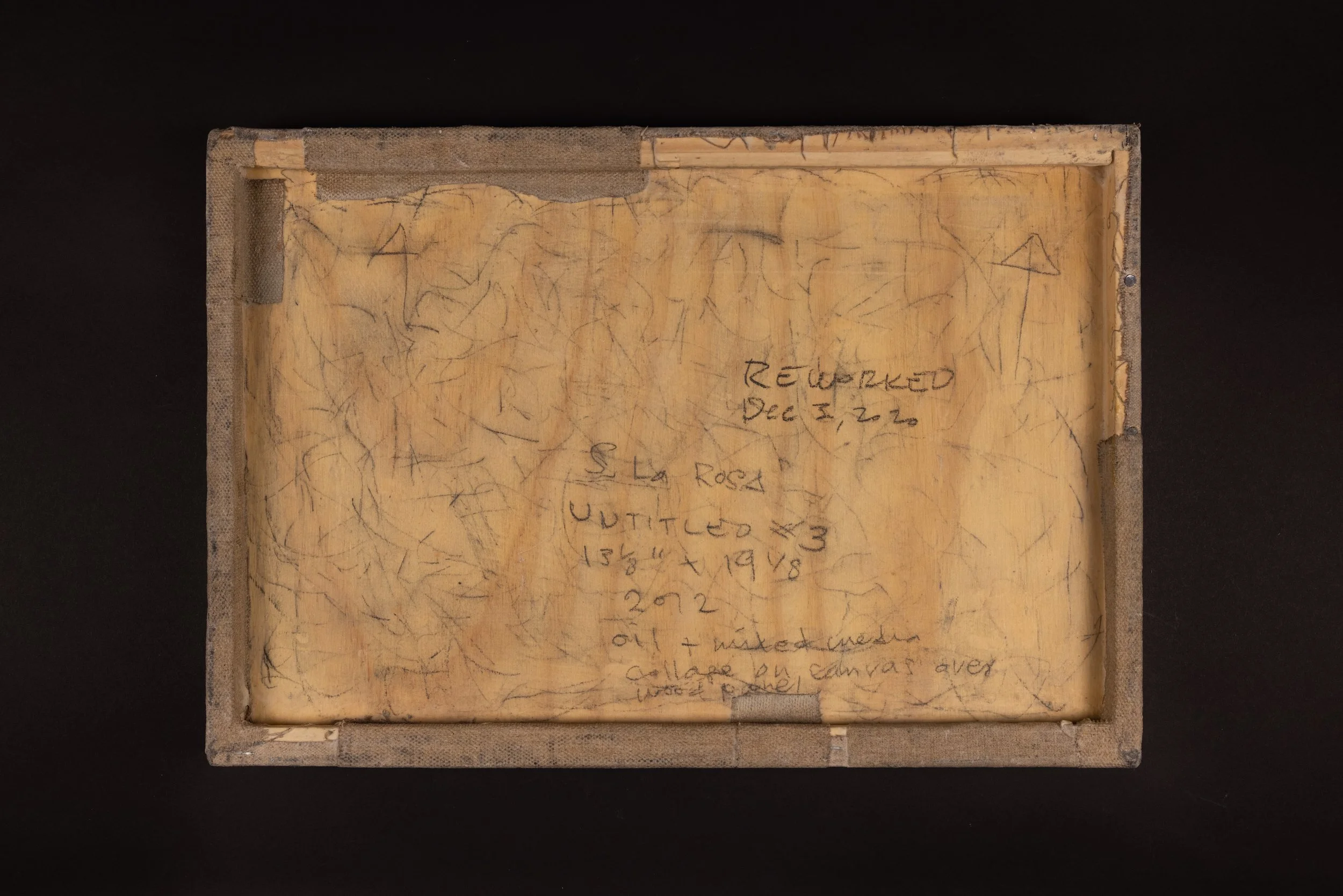   Salvatore La Rosa   Untitled #3 (Back view) , 2020 Oil and mixed media collage on canvas over wood panel 13 1/8 x 19 1/8 in 33.3 x 48.6 cm 