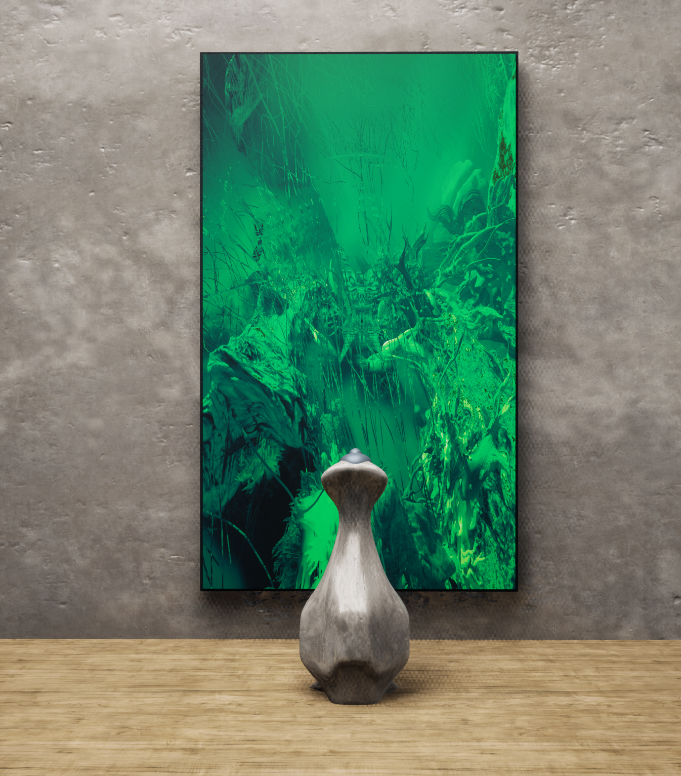   Leo Castañeda   Camoflux Icendio Igapó 360° , 2026 360° Ultra high definition color video installation (with sound), custom fiberglass pedestal, computer, screen, and trackball mouse Edition of 3 with 2 AP Collaboration with Maria Thereza Negreiros