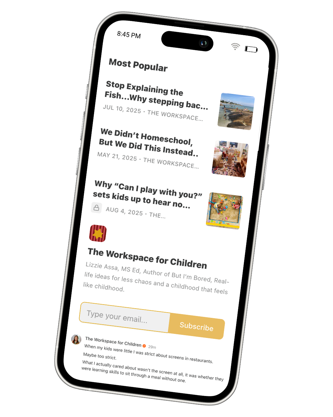 the workspace for children substack The Weekly Read for Parents Who Think Deeply About Play iphone mockup