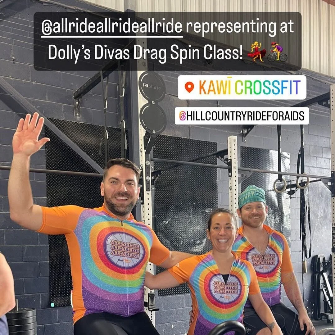 Our @allrideallrideallride team co-captains, @lanekate @brianwstacey @travisjholler , had a blast supporting Dolly’s Divas this morning for a Drag Show Cycling Class to fundraise for the @hillcountryrideforaids #hcra2023