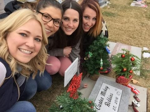 "My heart is so full. I have been thinking lately a lot about how much these girls and I have been through and supported each other through--4 weddings, the stress of school, broken hearts, depression, anxiety, ptsd, infertility, PPD, divorce, cancer of a parent, several moves, job changes, and now the loss of a child. Our friendship can be rainbows, butterflies, and dance parties at times, but it's also full of tears, late night talks, and shoulders to cry on. Today, it was leaning on one another and huddling around this grave as we loved on this perfect, sweet little boy. Thank you girls--your real, raw, and genuine friendship means the world to me."