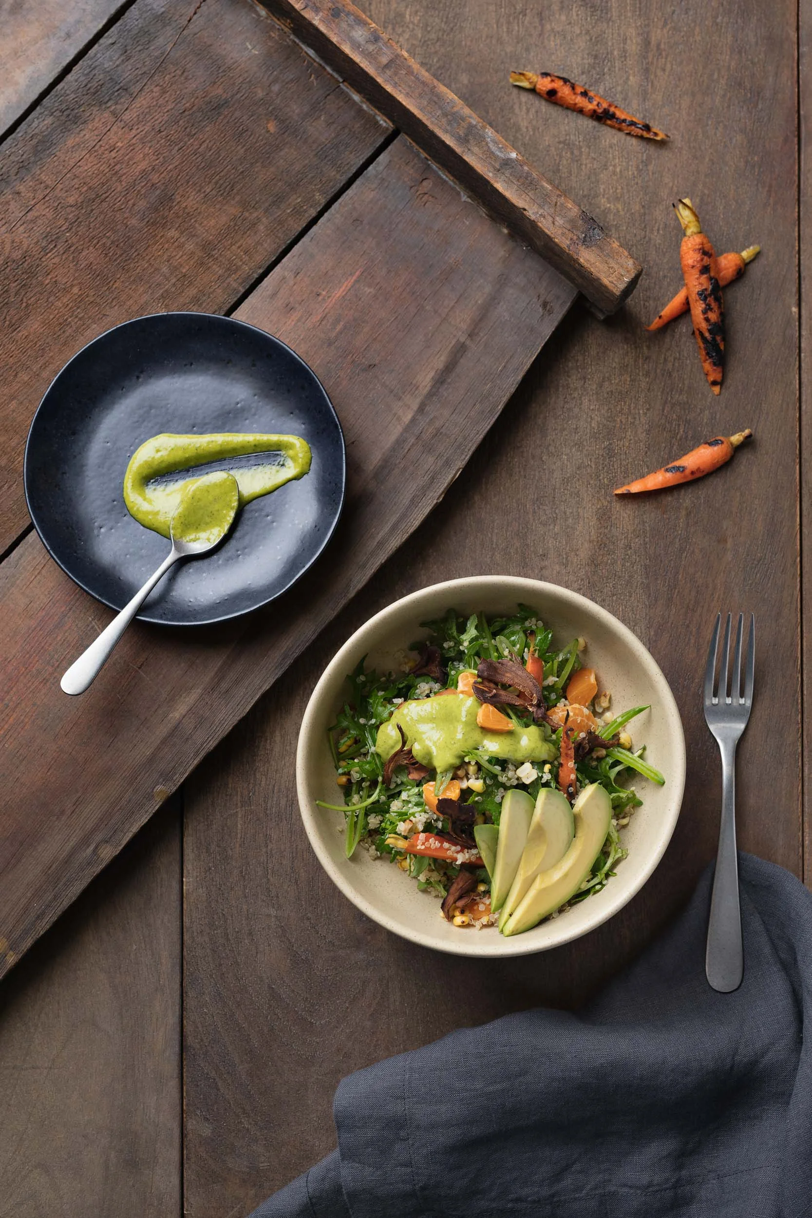Gourmet roasted carrot avocado arugula salad