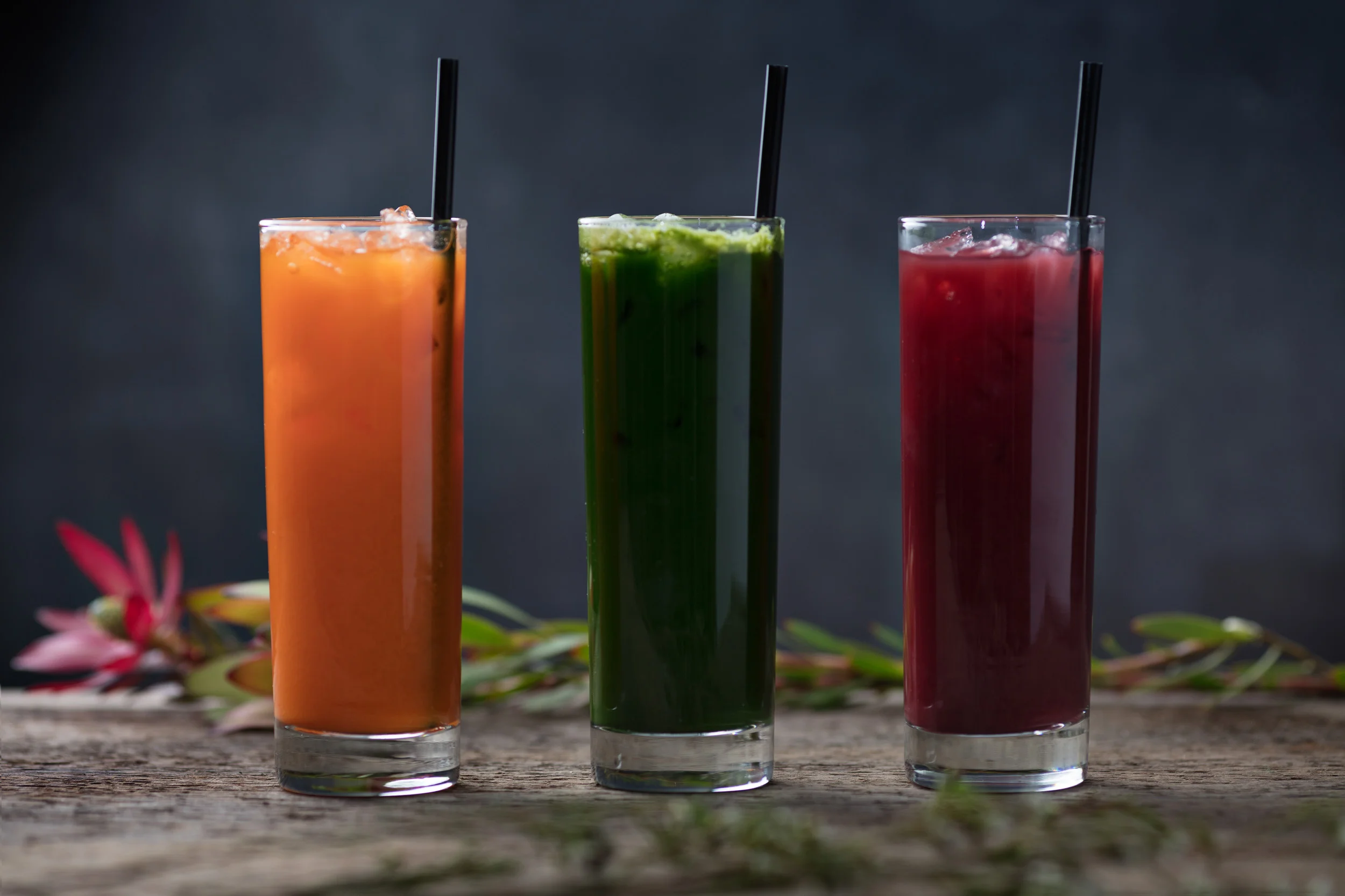 Fresh carrot juice, kale juice, beet juice