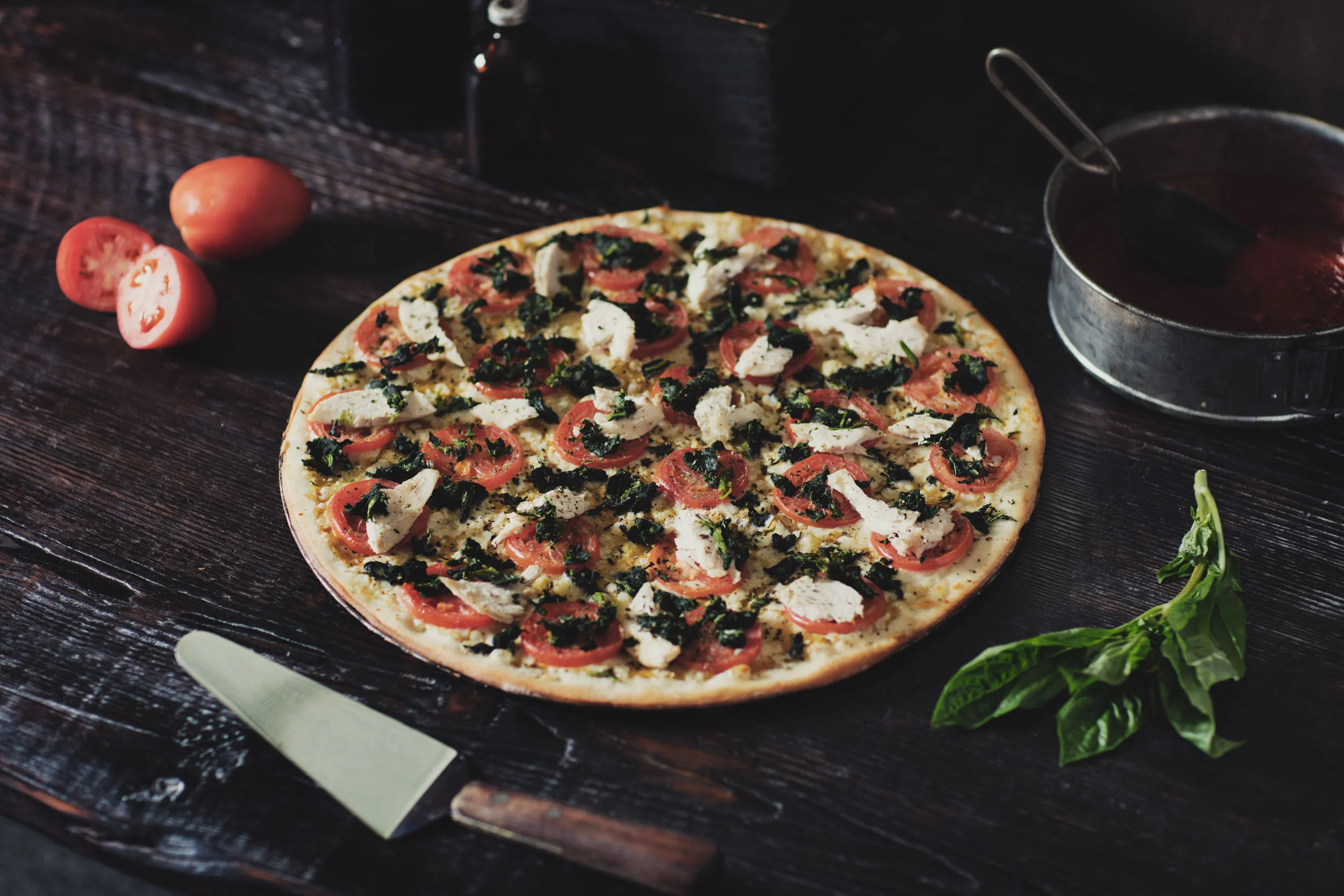Fresh baked margherita pizza on wood table 