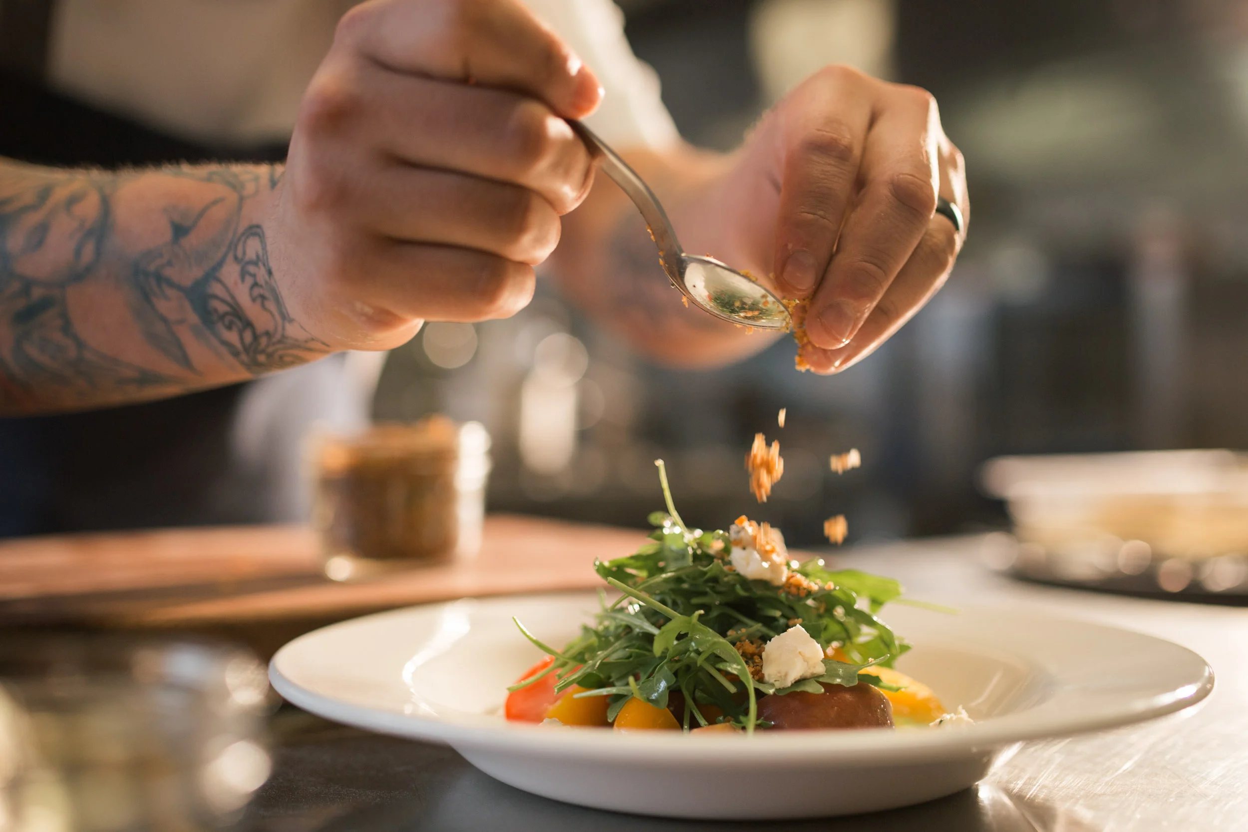 Fresh heirloom tomato salad with asparagus, goat cheese, and gremolata 