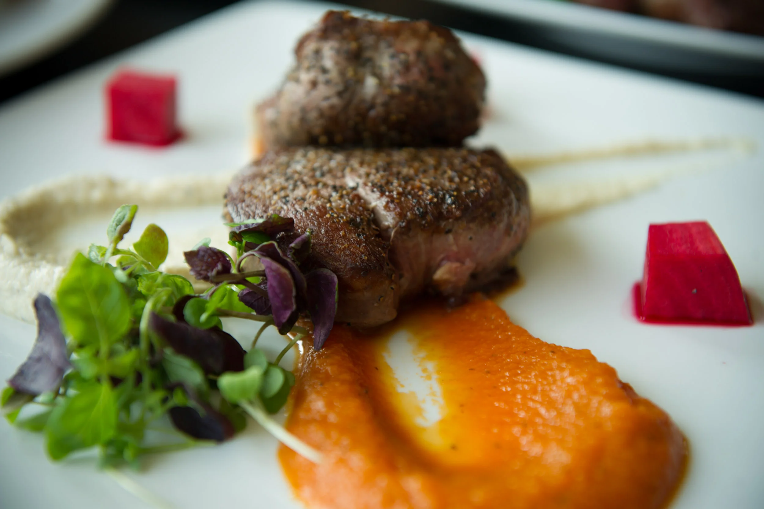 Fire roasted ribeye steak with carrot puree, parsnip puree, microgreen salad, and cubed beets