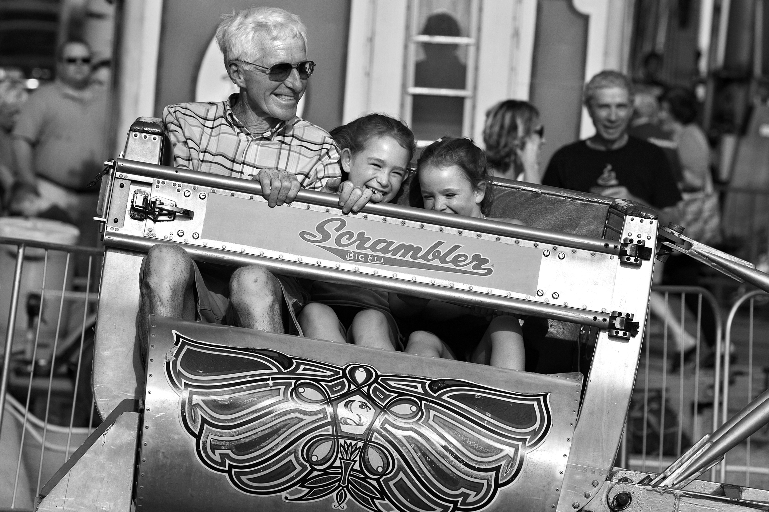 The Scrambler carnival ride has been one of the highlights of the Jasper Strassenfest for many years for Red. Joining him on the ride during last year’s Strassenfest were two of his granddaughters, Merin Buck, 5, right, and her sister Maci, 8, of Ja