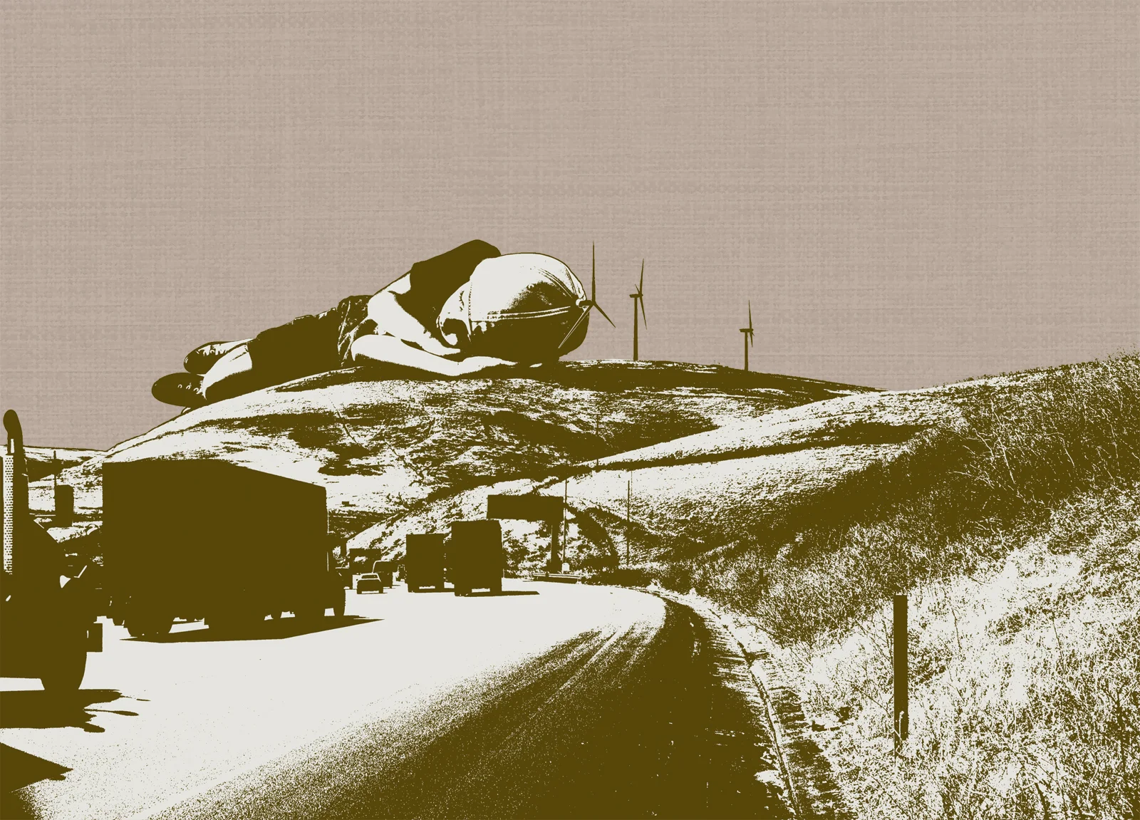 Giant Boy Sleeping Among Windmills