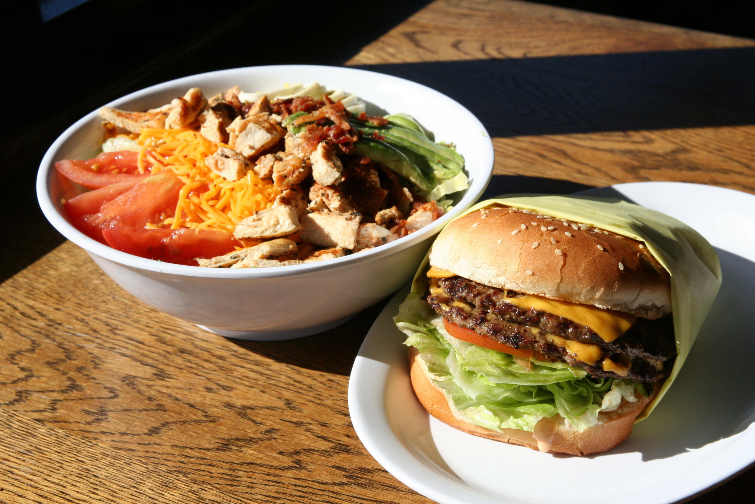 Double Cheese Burger and Grilled Chicken Salad