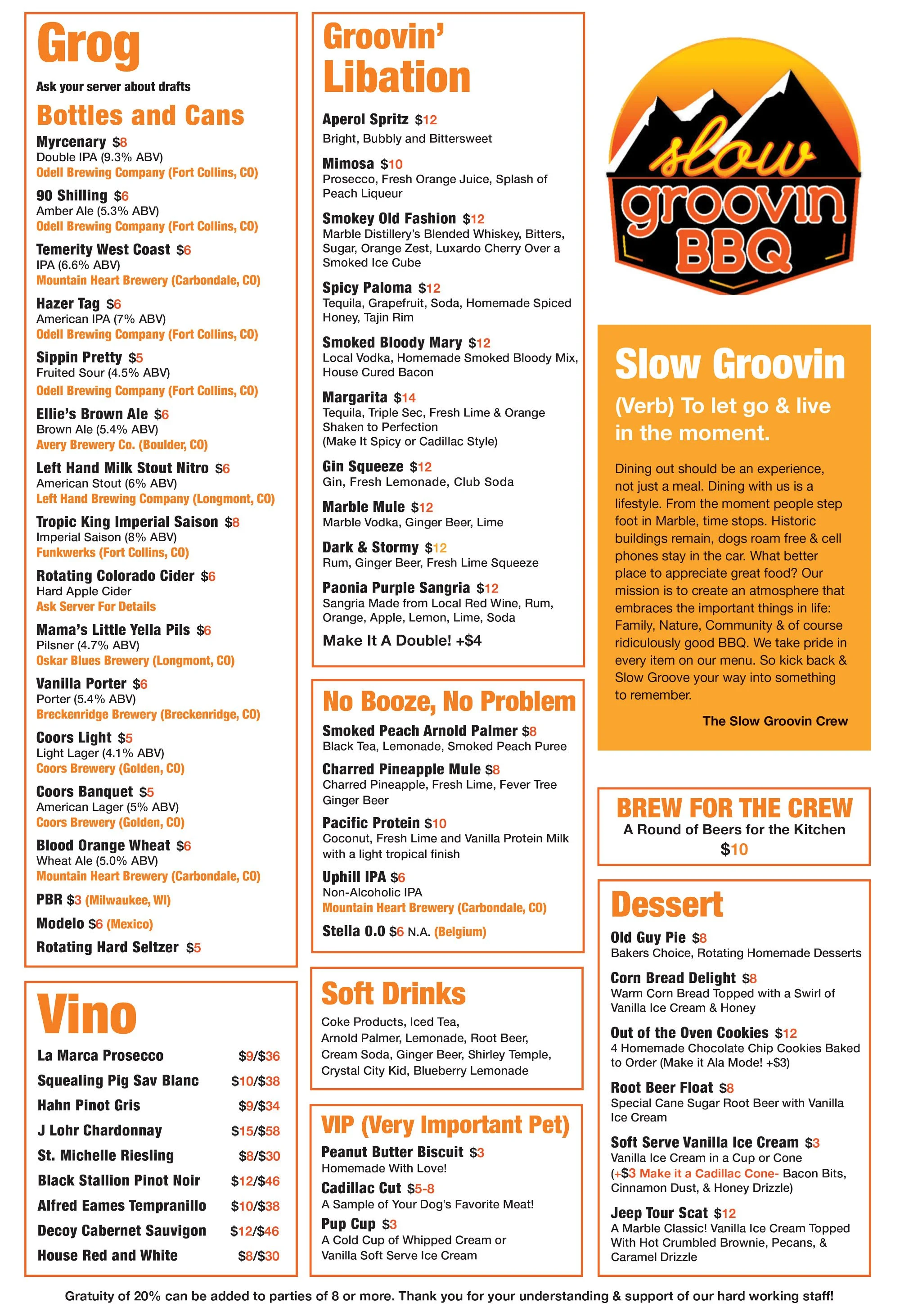 Slow Groovin Drink Menu for 2026