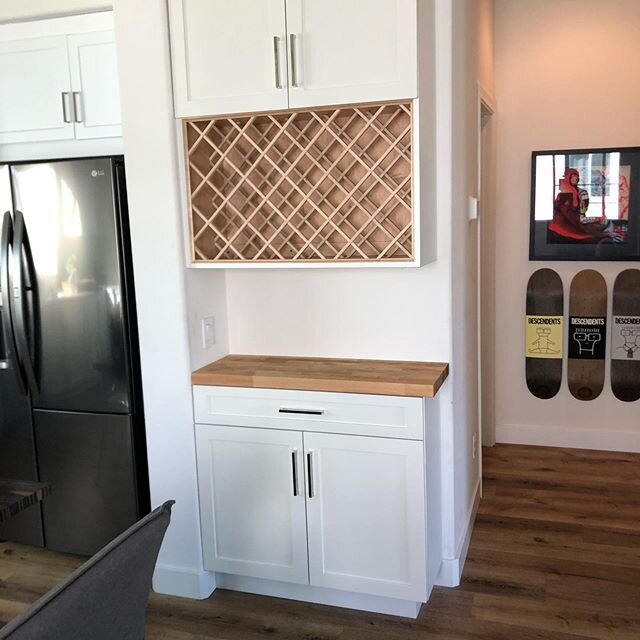 Drink the cheese...Eat the wine. #customcabinets #winerack #shakerdoors #butcherblocks #mdfdoor #smallshop#redhillcustomdesigns#stoked