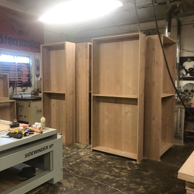 14 Knotty Alder Bookcases. Can&rsquo;t wait to see these things finished. #customcabinets #bookcases#knottyalder#smallshop#redhillcustomdesigns#stoked