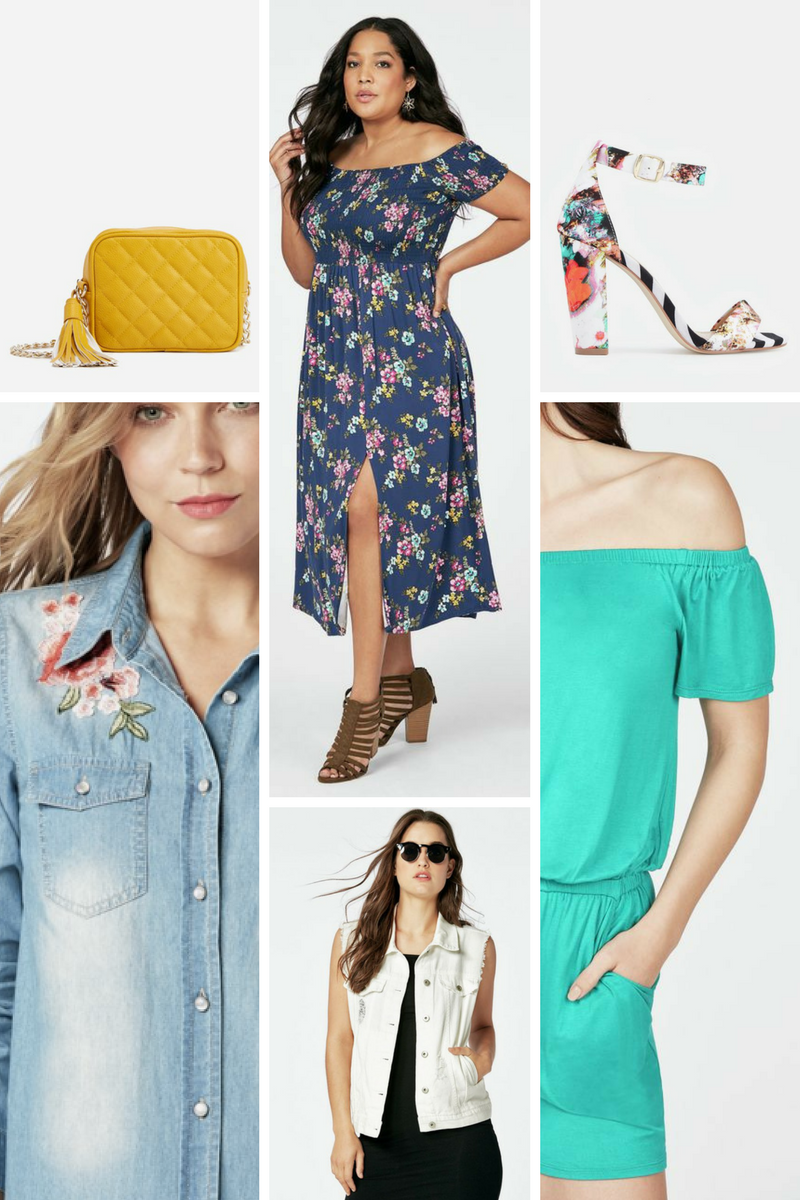 Photos: JustFab SHOP THE EDIT: Marigold Bag | Floral Midi Dress | Persefinee Floral Shoe | Denim Floral Top White Denim Vest | Off Shoulder Romper