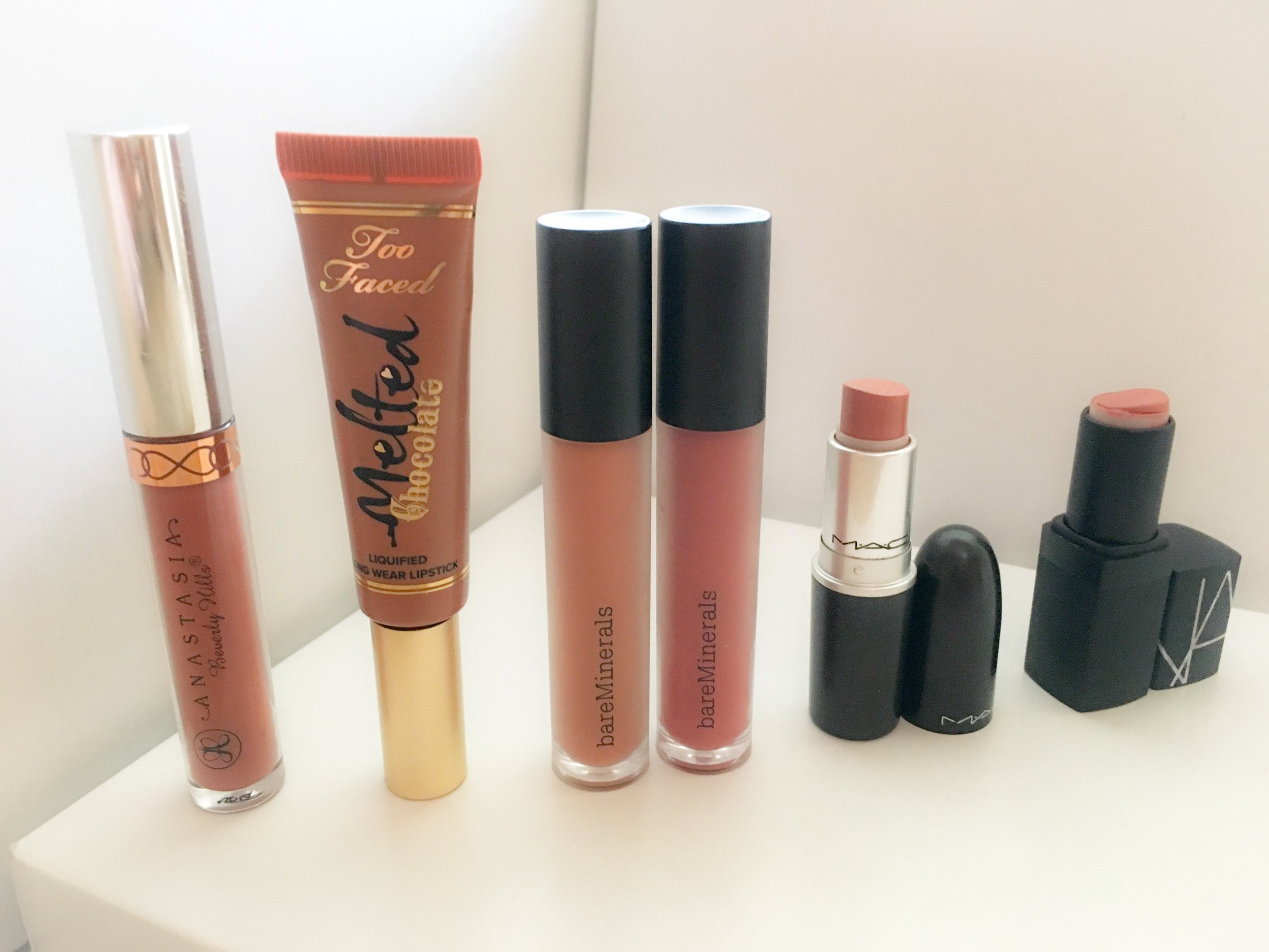 (Left to Right) Anastasia Beverly Hills "Ashton," Too Faced "Chocolate Honey," bareMinerals "OM" and "Friendship," MAC "Honey Love," NARS "Blonde Venus"