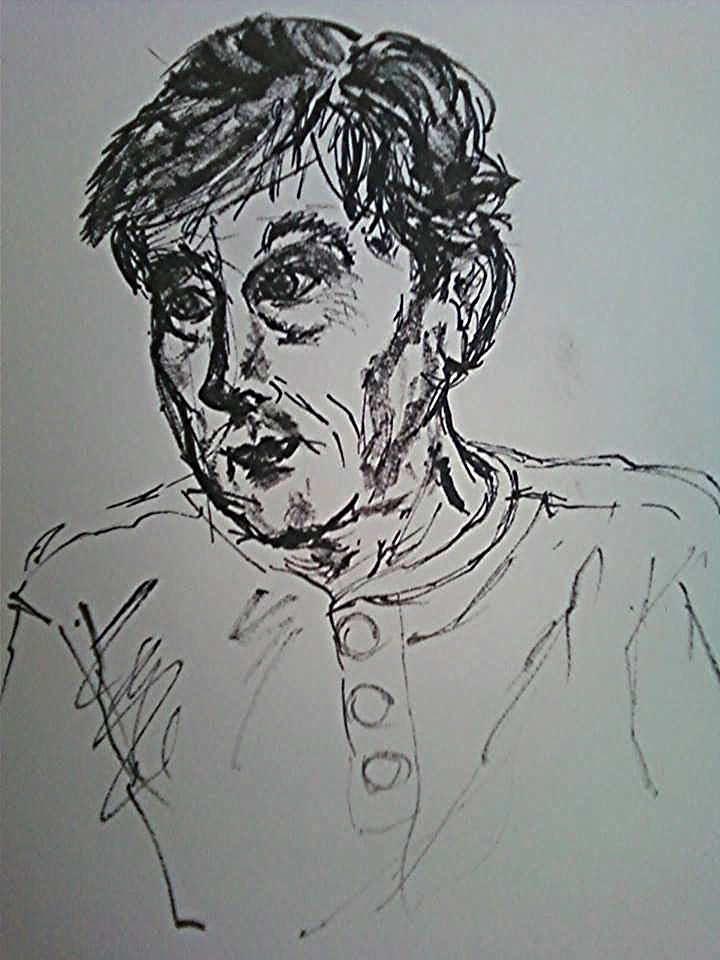 Portrait of my friend, the late surreal poet, Seaborn Jones. Drawn with ink and coffee stick stirer. "I feel about the woman in the museum / the way she feels about the Chagall: / what does she mean / what does he mean?" The Red Horse by Seaborn Jones.