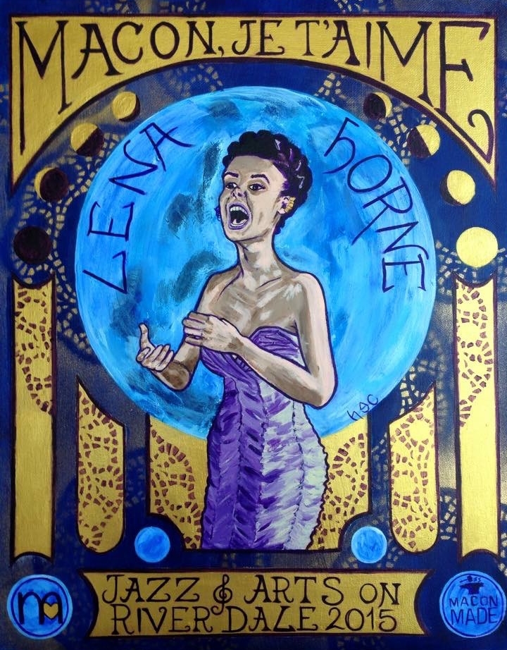 Painting of Lena Horne in the style of Mucha singing the blues through the phases of the moon. Painted for an event. Acrylic & iridescent paint.
