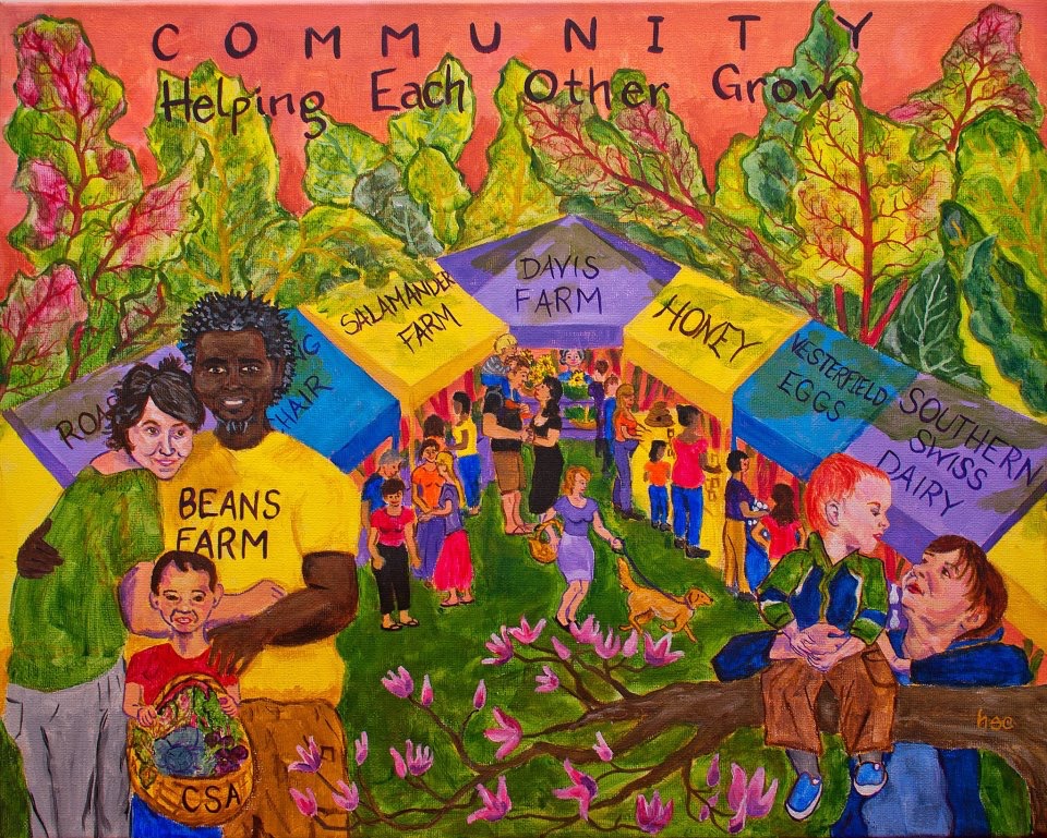 Original design for the College St mural. Mulberry St Farmer's Market engulfed in a forest of swiss chard. 2012.