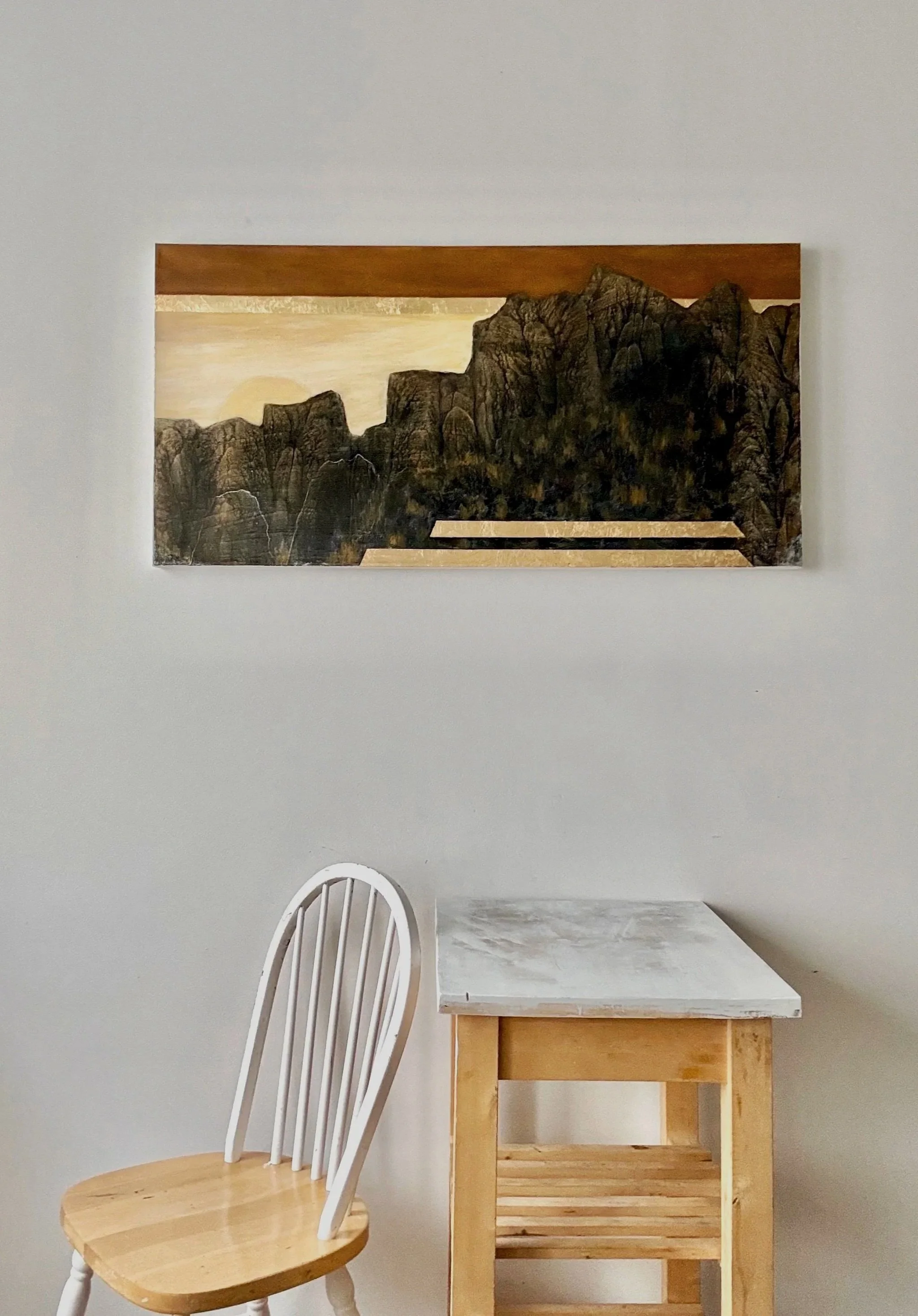 "Desert Dreams", 2025, 24x48 inches. Acrylic, ink, gold leaf foil on canvas. $1,500.00
