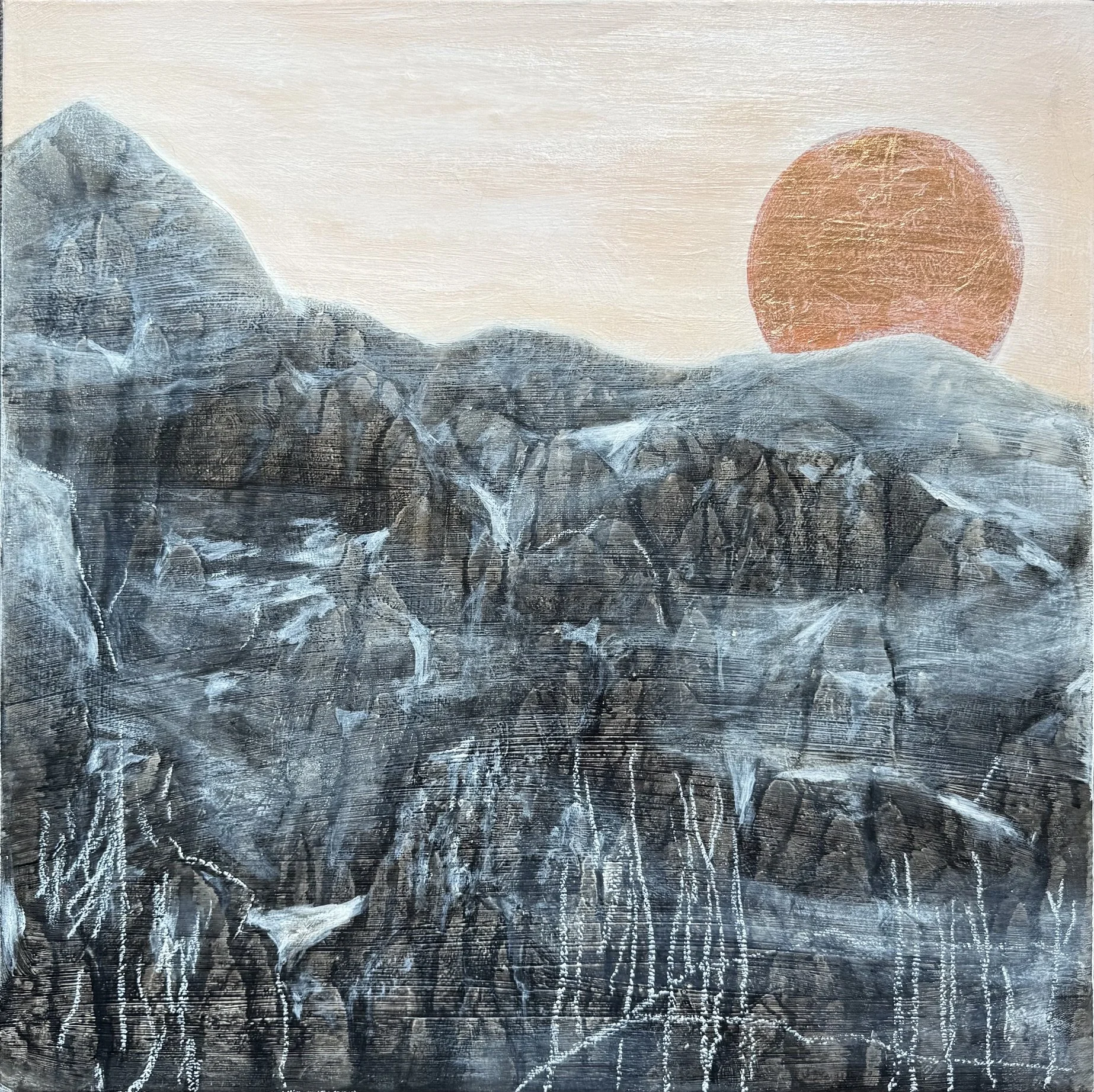 After The Burn II, 32x32, Acrylic, inks, oil pastel on canvas. $2,000.00.