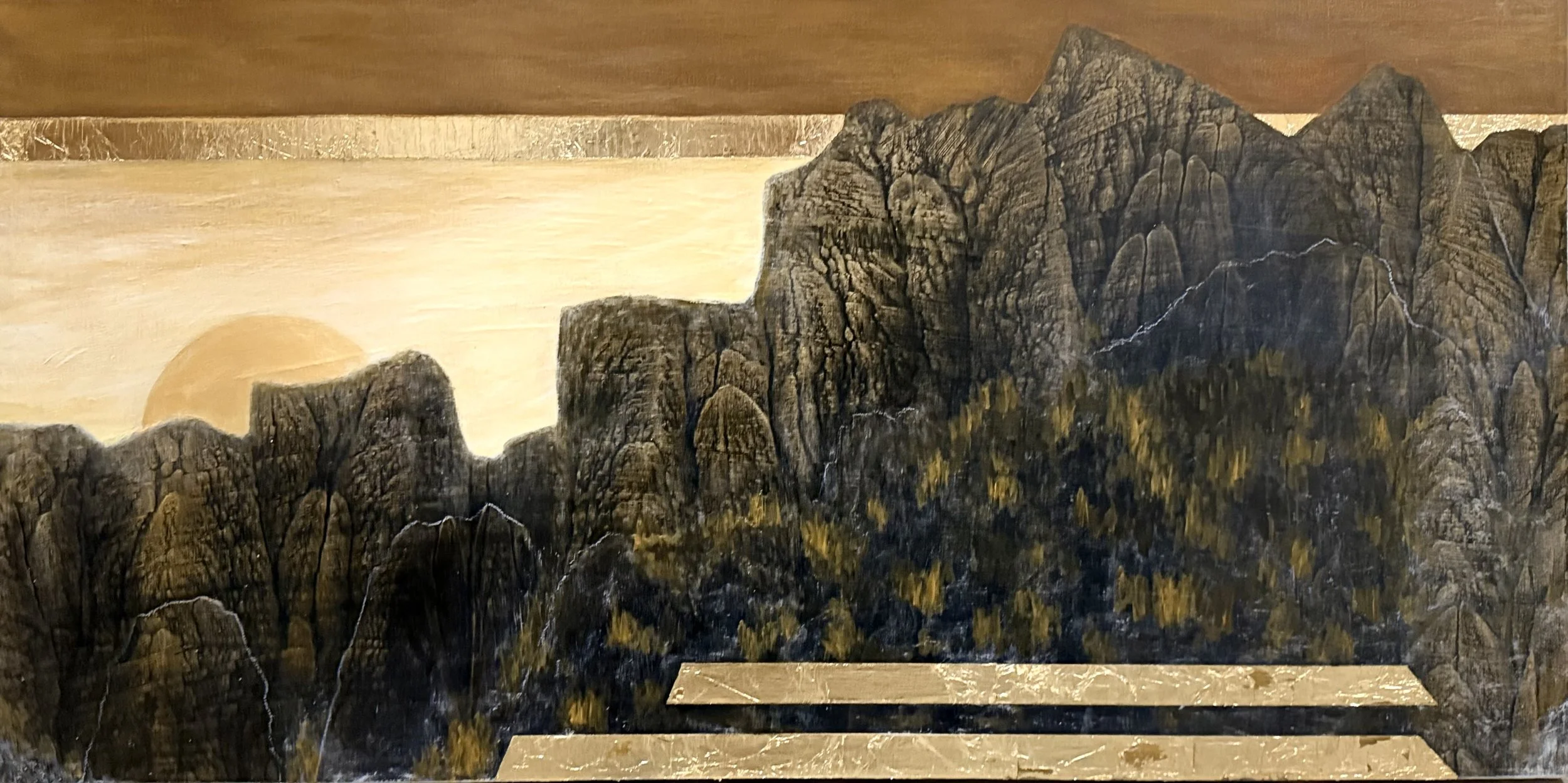 "Desert Dreams", 2025, 24x48 inches. Acrylic, ink, gold foil on canvas. $1,500.00