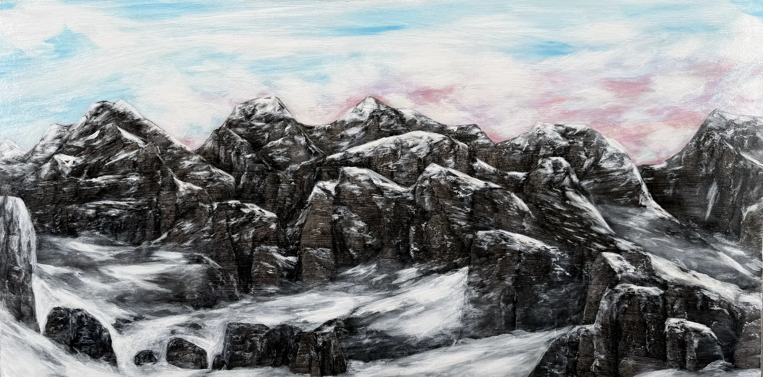 “Transitions”, 24x 48 inches, Acrylic and ink on wood cradled canvas