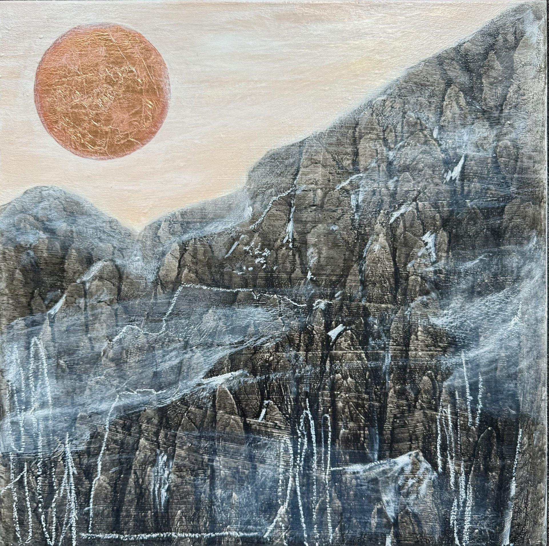 After The Burn I, 32x32 inches, Acrylic, inks, oil pastel on canvas. $2,000.00
