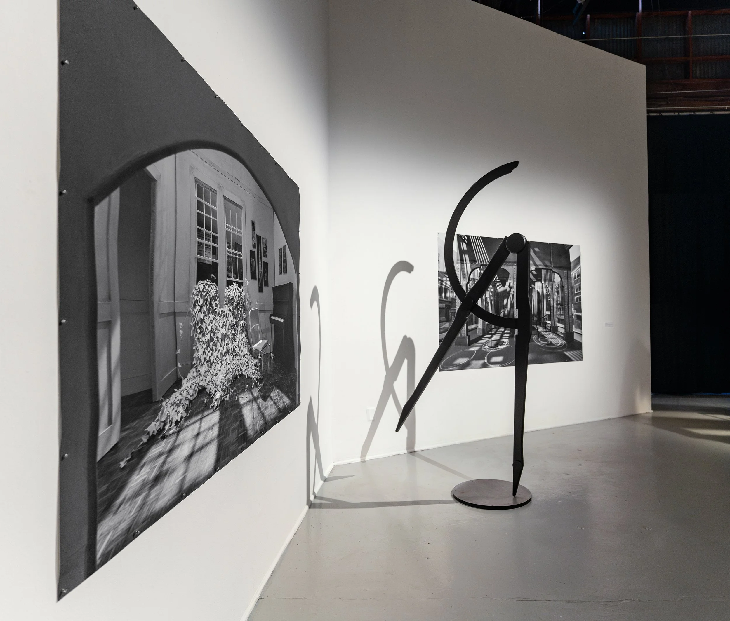 2024 Murphy and Cadogan Installation View Two large format photographs Sculpture: 9’, plywood, acrylic paint, steel