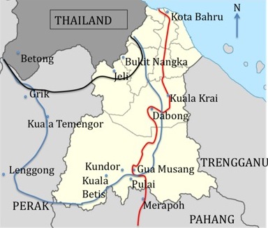 Kelanatan and the 'Kuomintang state' showing the possible extent of the 'state' after MPAJA incursions
