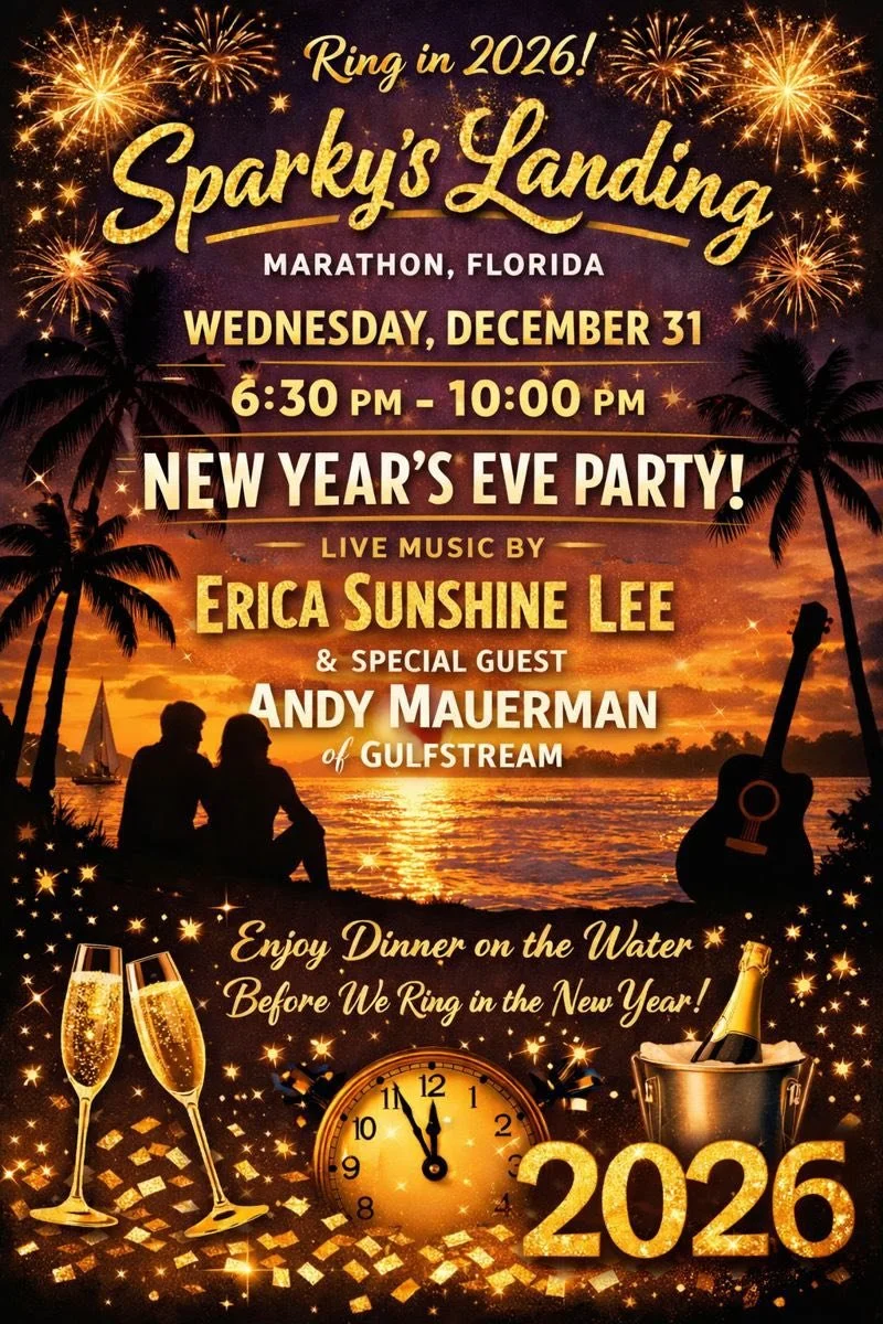Pre-Ring in the new year with us tonight here at Sparky's Landing
With Erica Sunshine Lee performing
⏰ 6:30-10pm
W/ Special Guest 
Andy Mauerman of Gulfstream / Andy Mauerman Music
🎸 
🍾 
🥂 
🎉