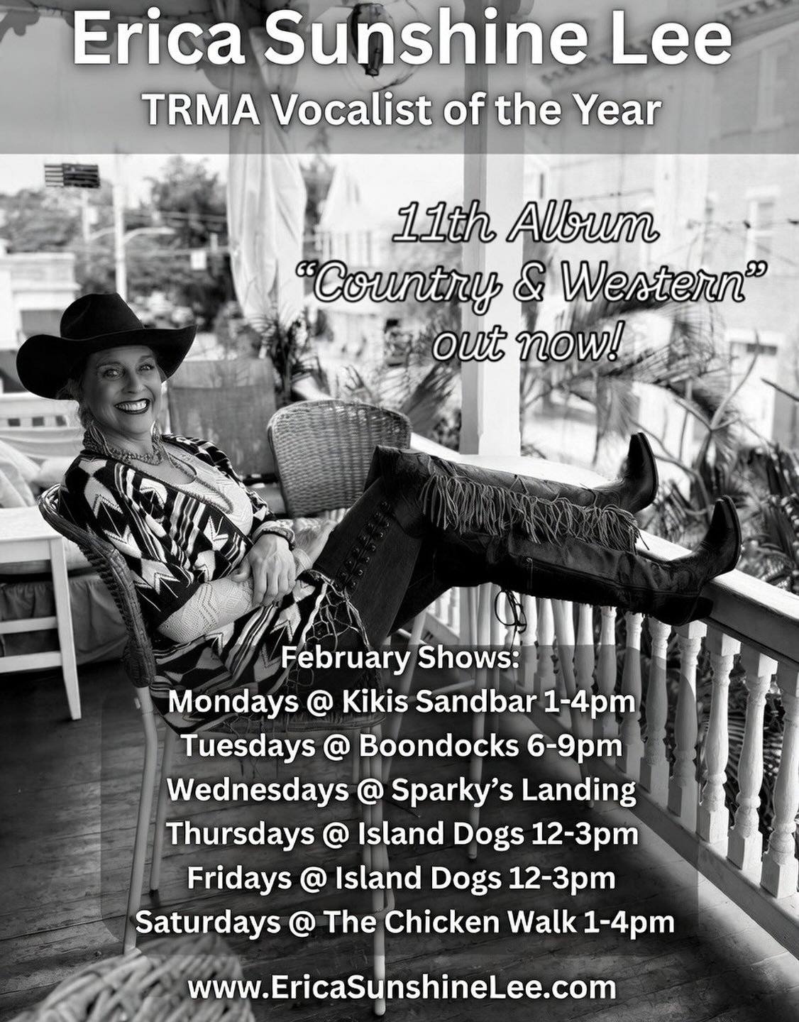 February Shows here we go!!! Yeehaw!
#country&amp;western #ericasunshinelee #keywest #flkeys #keywestevents 

@kikissandbar 
@boondocksflkeys 
@sparkyslanding 
@islanddogsbar 
@chickenwalkkeywest