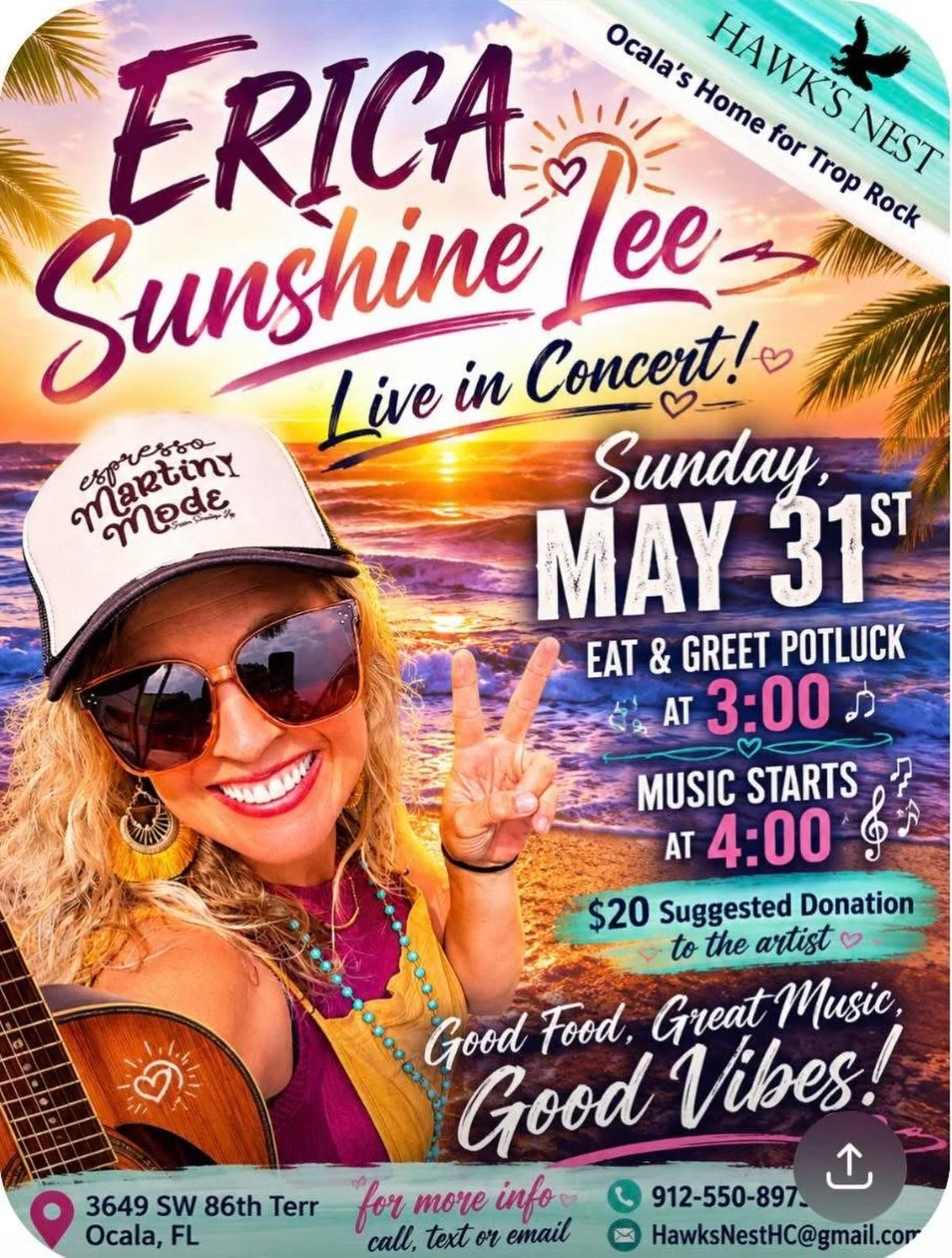 Kicking off the Summer tour in Northern Florida today in Ocala at Hawk&lsquo;s nest House Concert, all ages opened to the public!!!
then off to South Carolina and Georgia next weekend who&rsquo;s around????