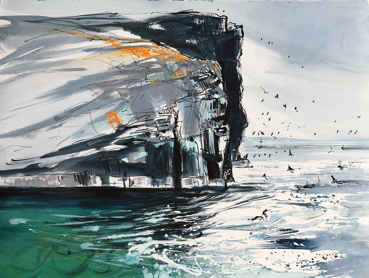  Beneath the Cliffs, mixed media on paper, 55×75cm, framed and glazed, £1650 