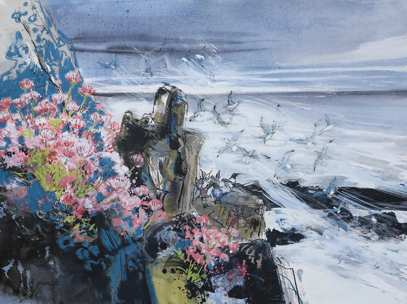  Sea Thrift and Blustery Wind, mixed media on paper, framed and glazed, 55×75cm, £1650, sold 